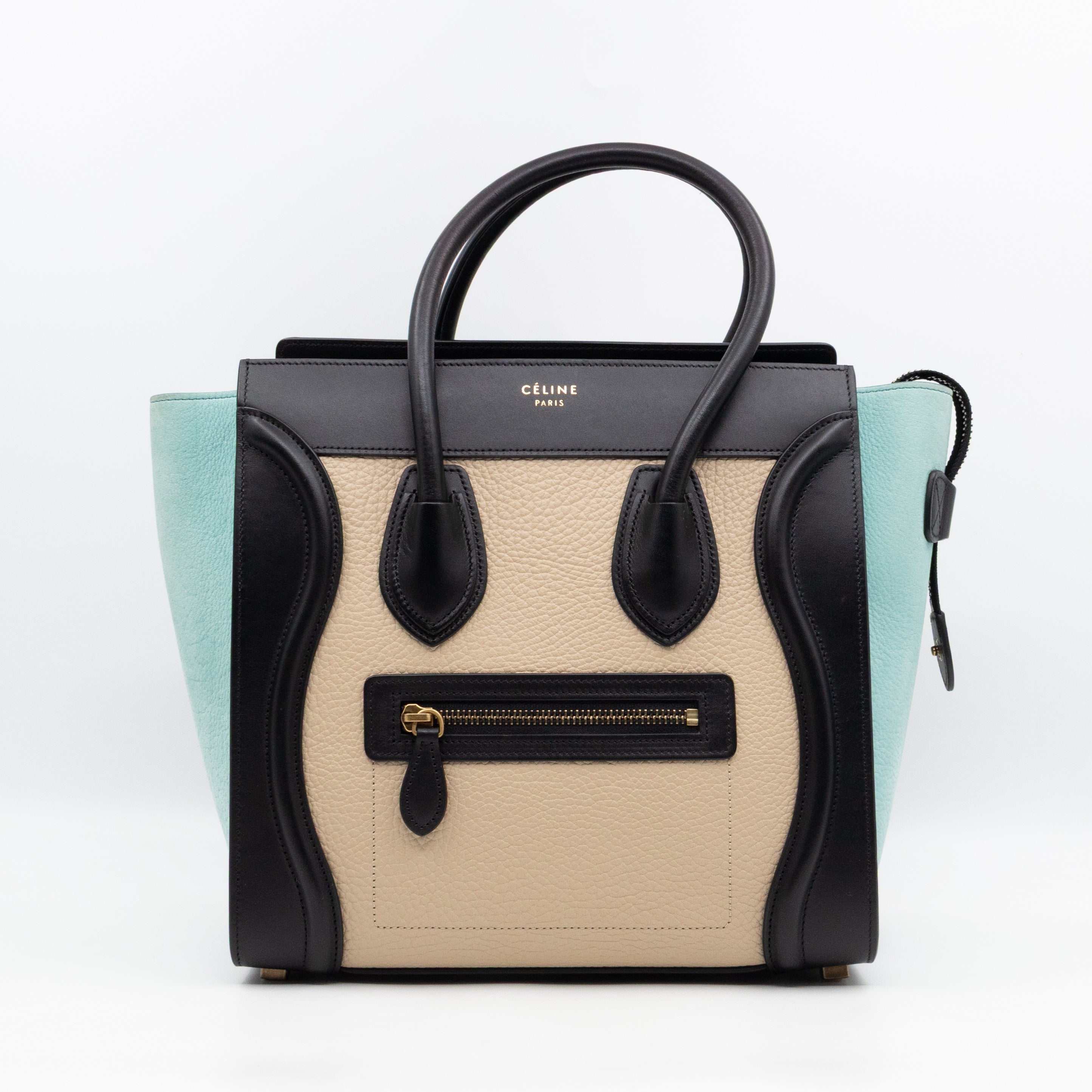 Micro Luggage Black & Mint Blue & Beige Leather