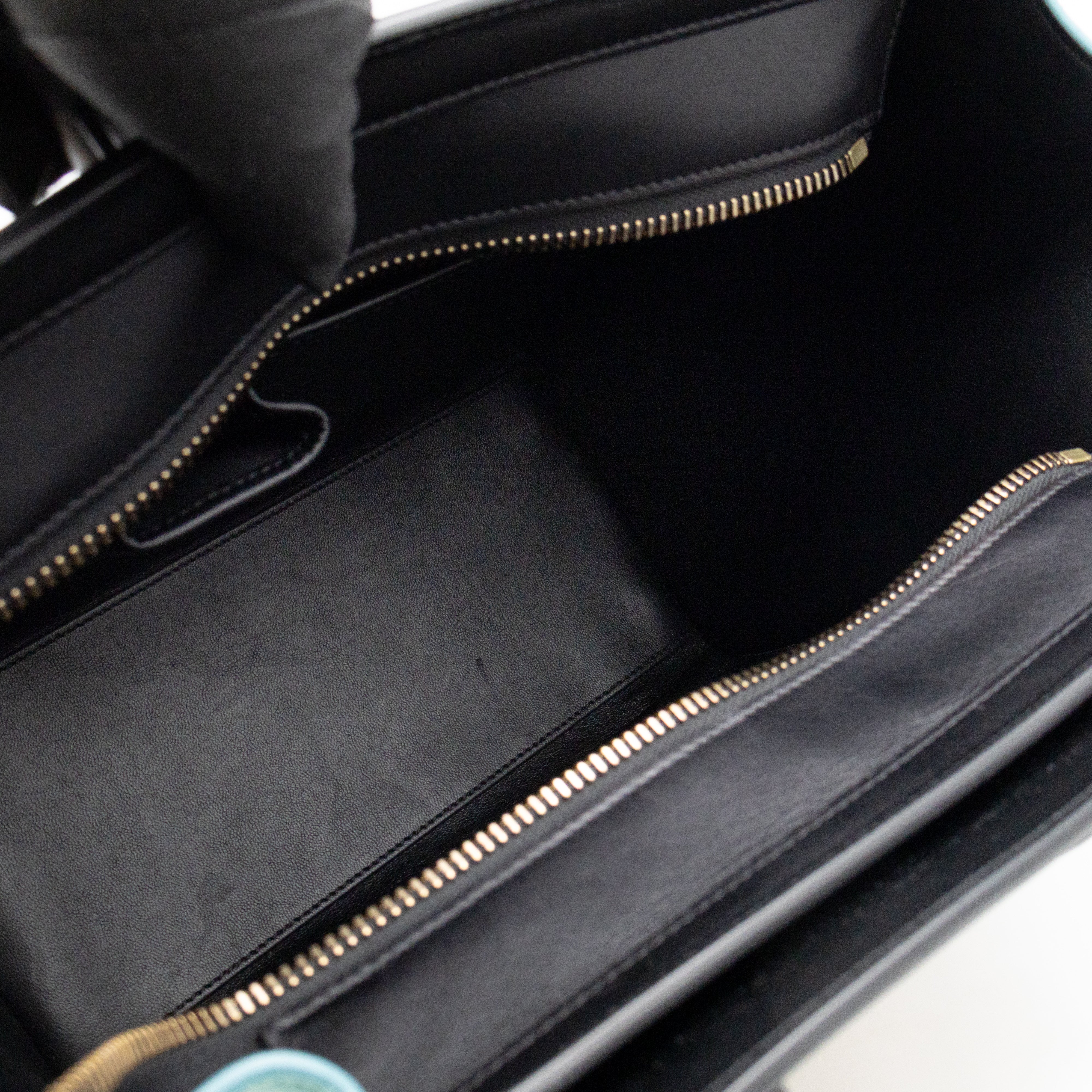 Micro Luggage Black & Mint Blue & Beige Leather