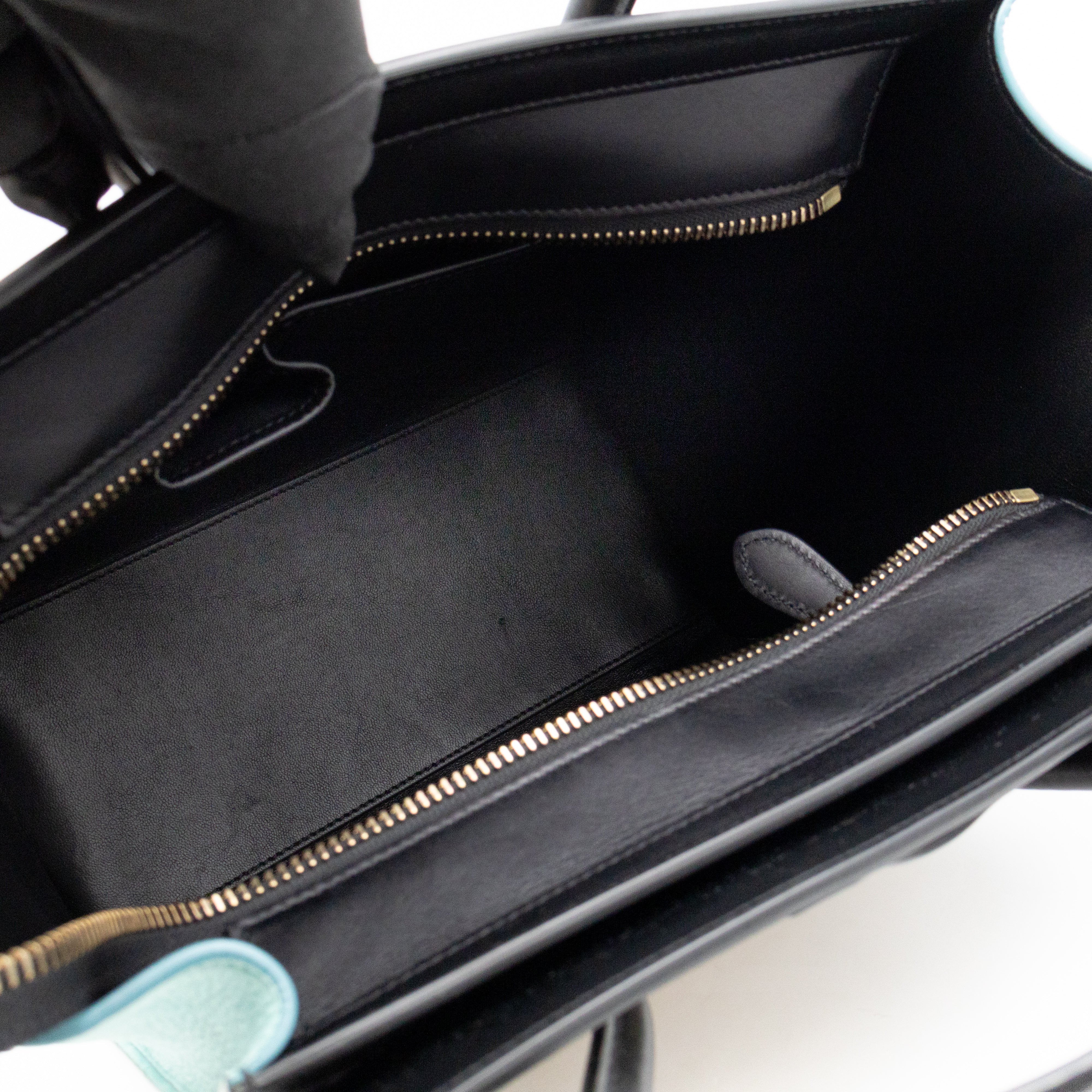 Micro Luggage Black & Mint Blue & Beige Leather