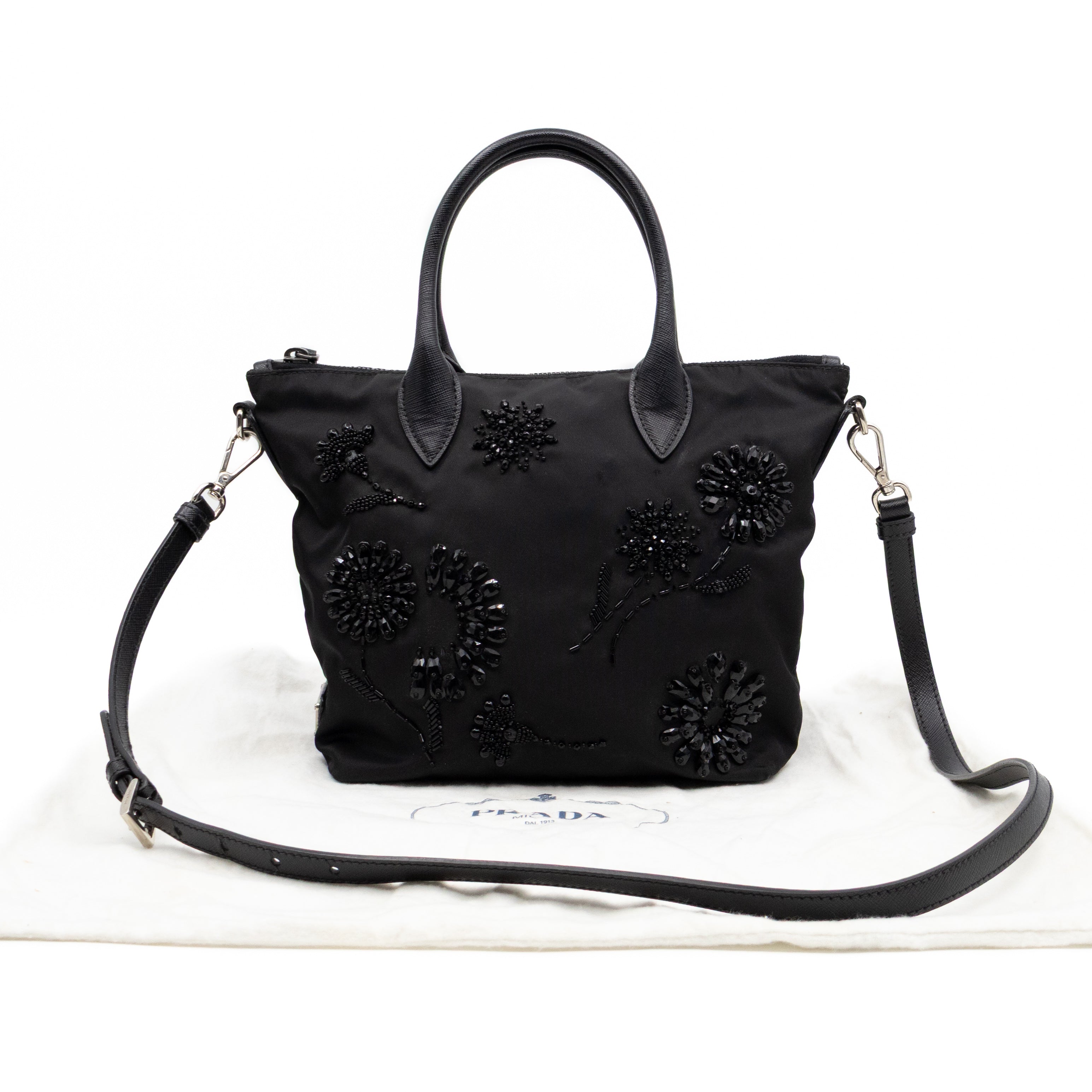 Ricamo Tote Floral Beaded Black Nylon