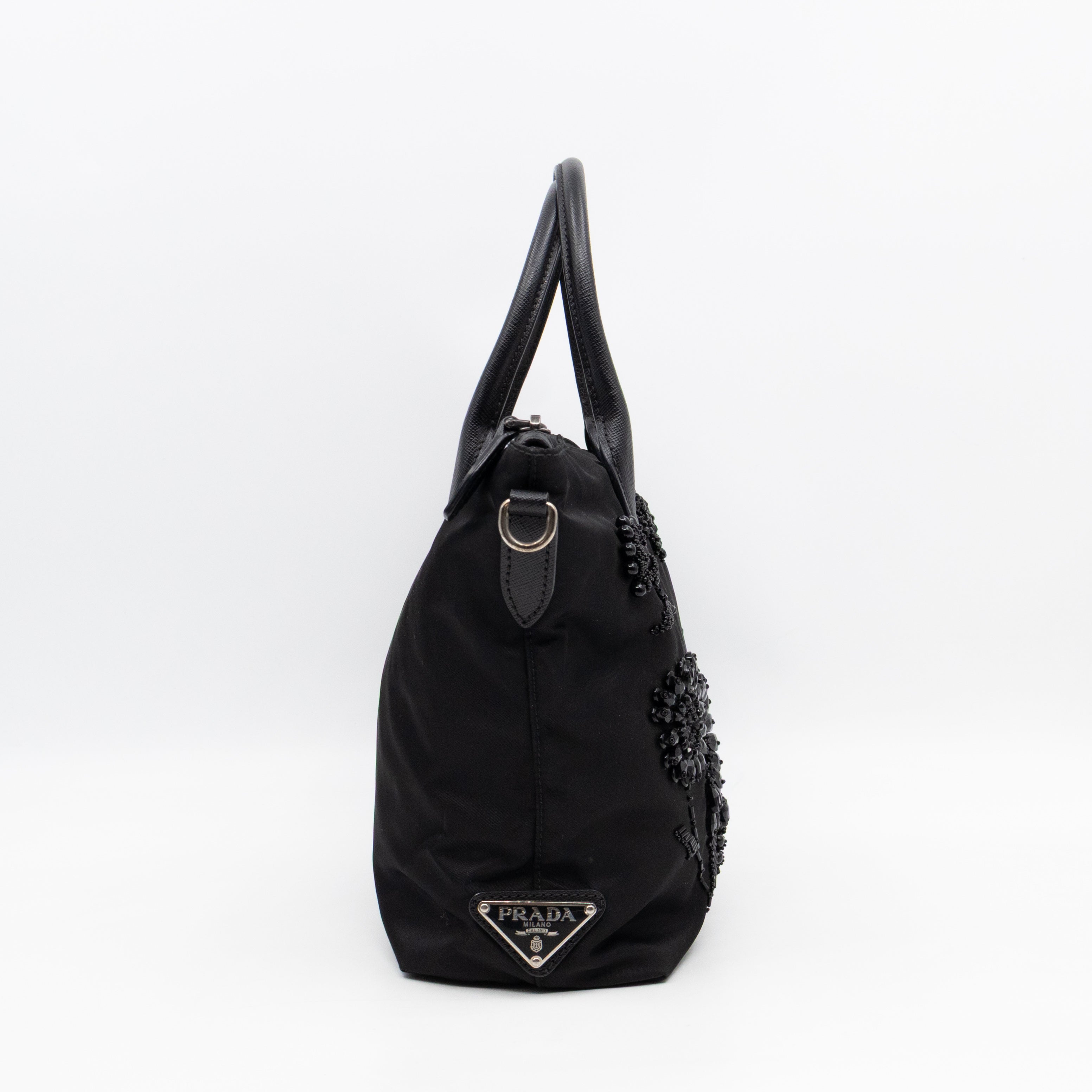 Ricamo Tote Floral Beaded Black Nylon