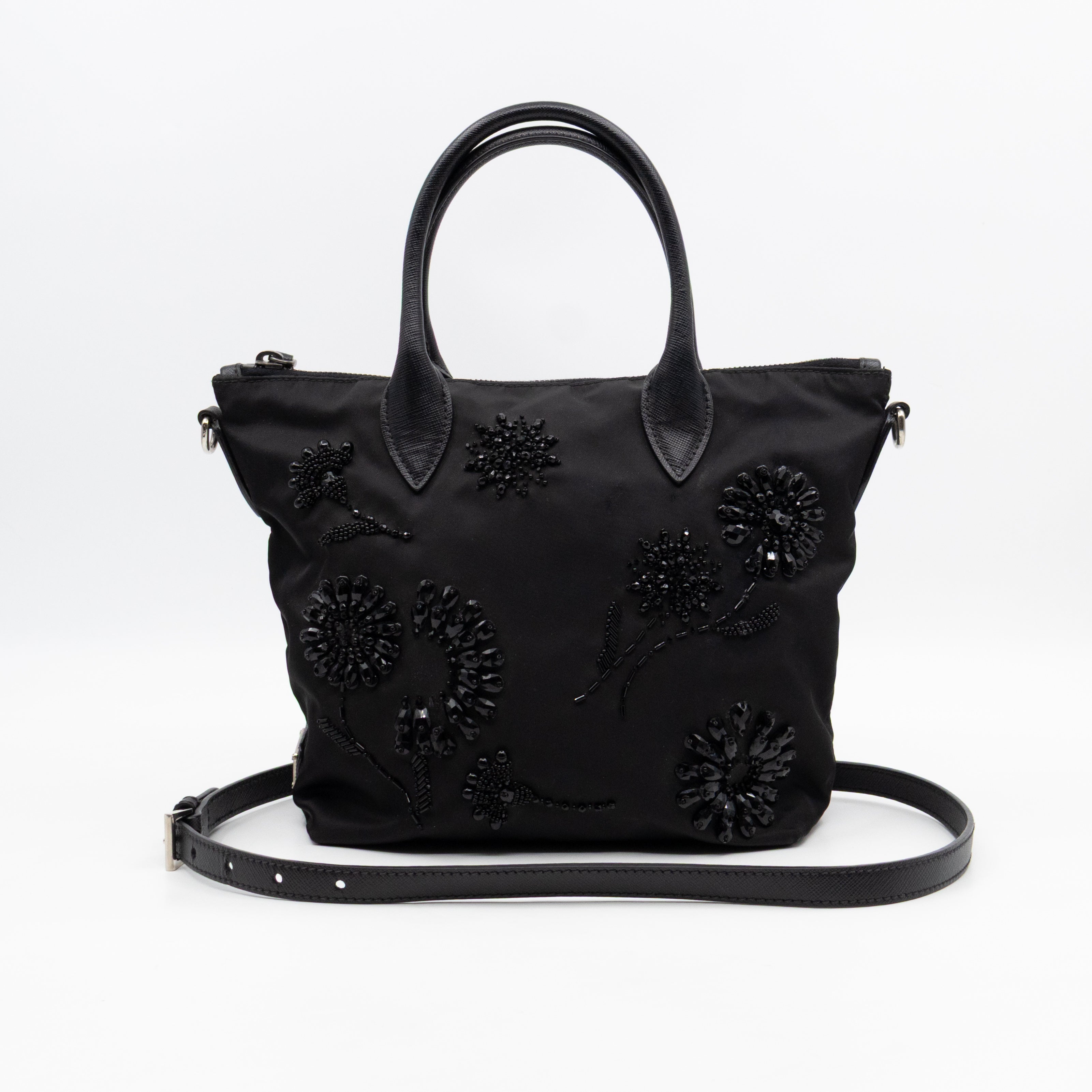Ricamo Tote Floral Beaded Black Nylon