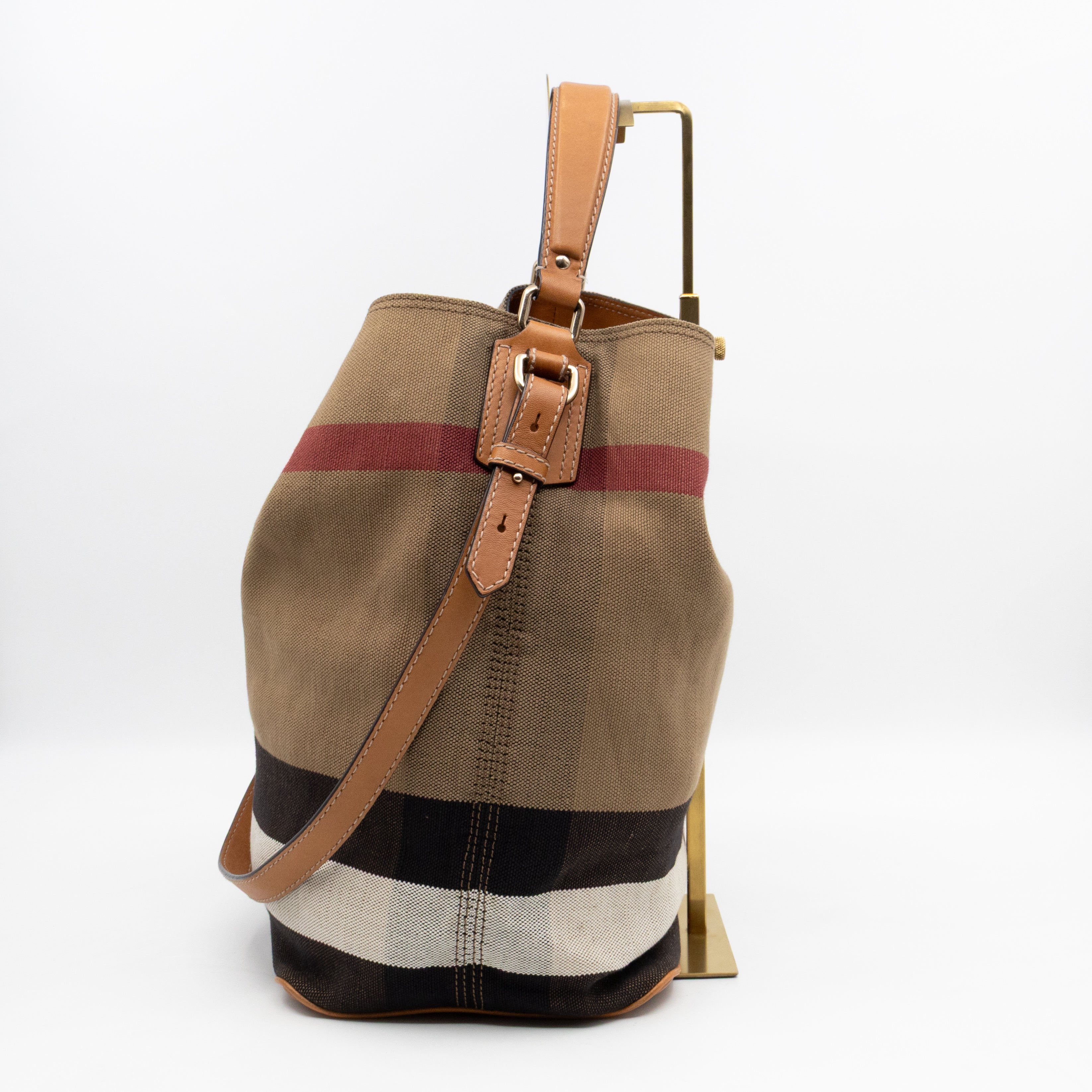 Ashby Bucket Bag Check Canvas Brown Leather