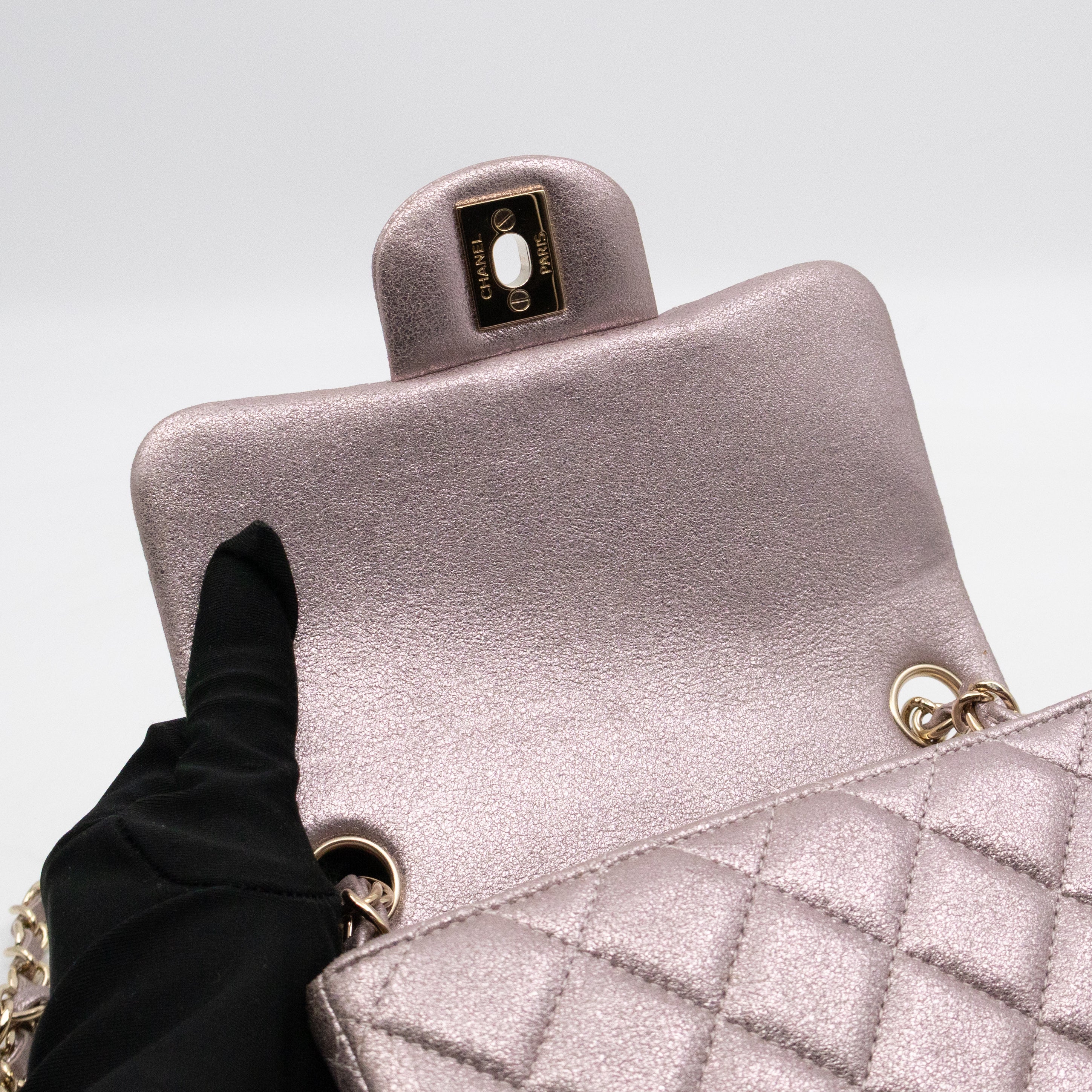 Classic Flap Mini Square Light Pink Metallic Goatskin