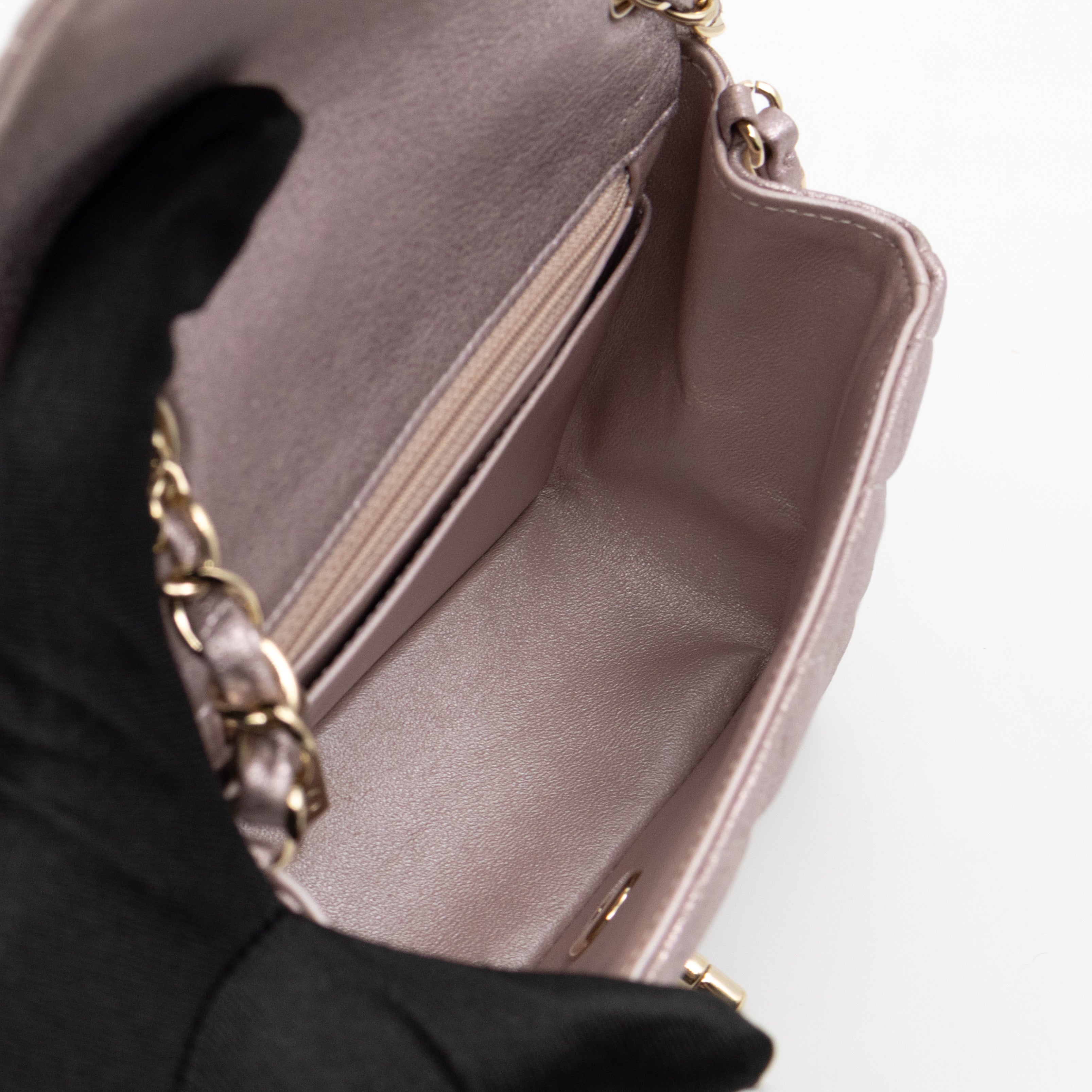 Classic Flap Mini Square Light Pink Metallic Goatskin