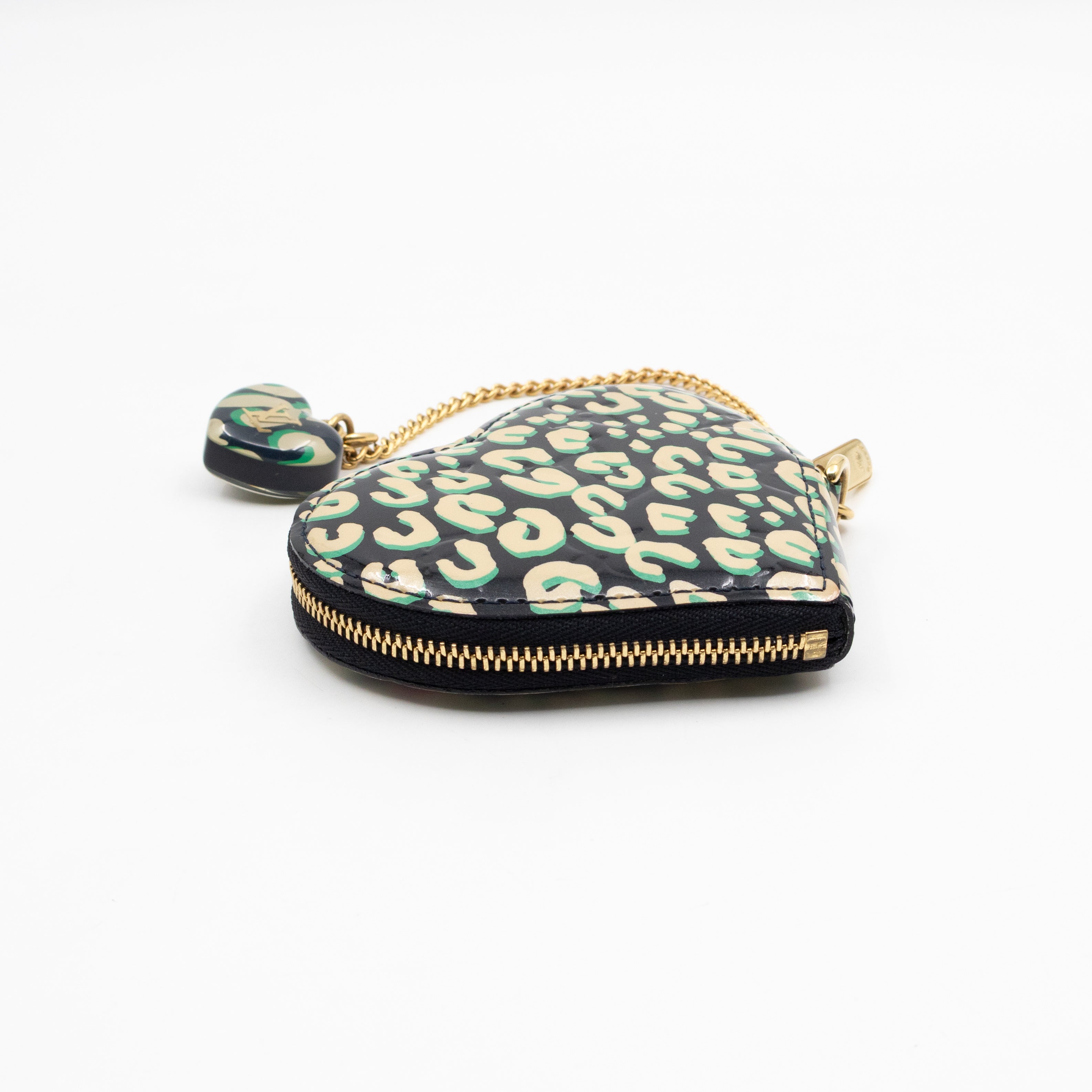 Heart Coin Purse Black & Beige Leopard Vernis