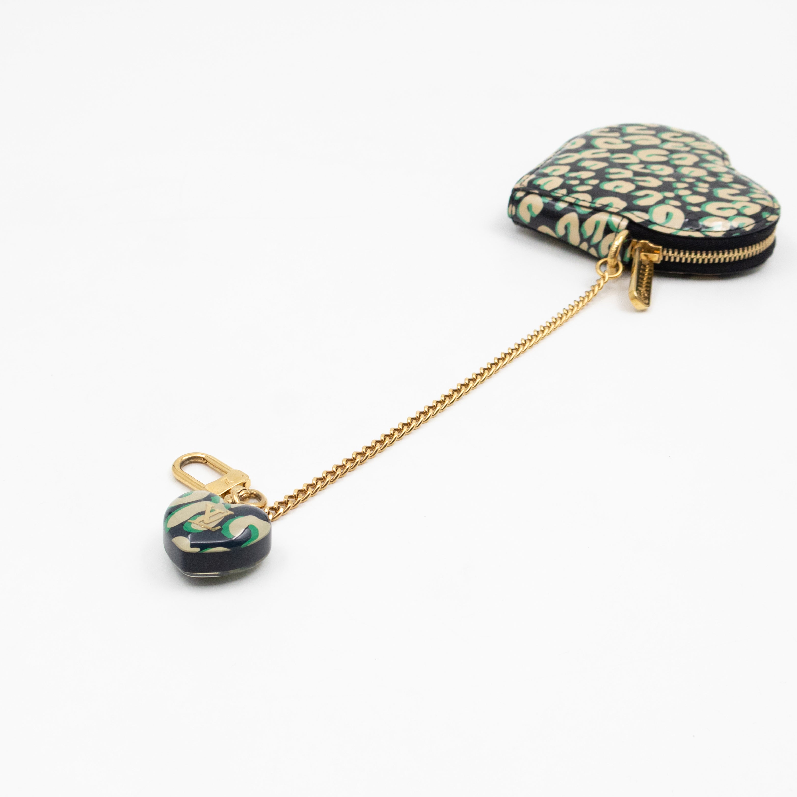 Heart Coin Purse Black & Beige Leopard Vernis