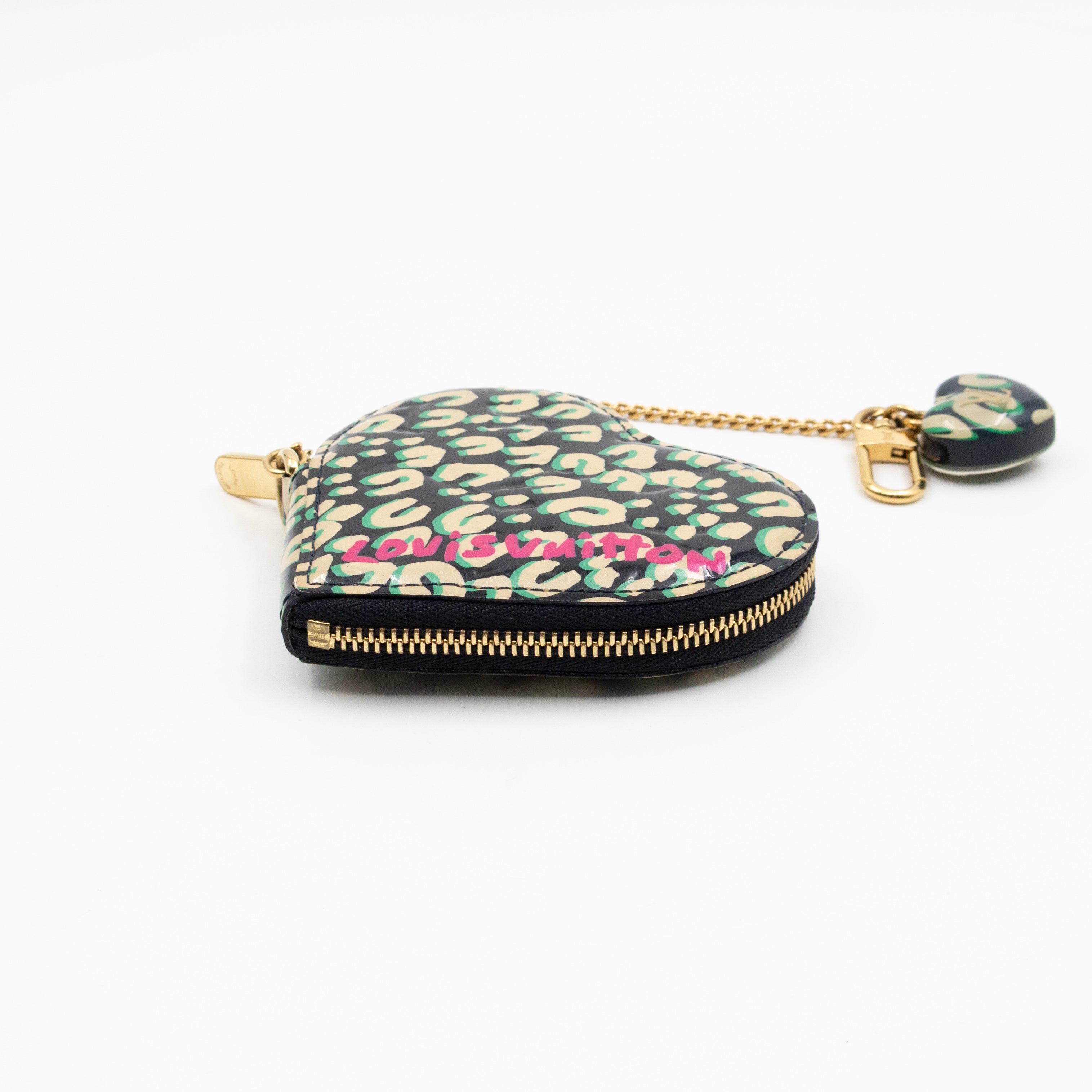 Heart Coin Purse Black & Beige Leopard Vernis