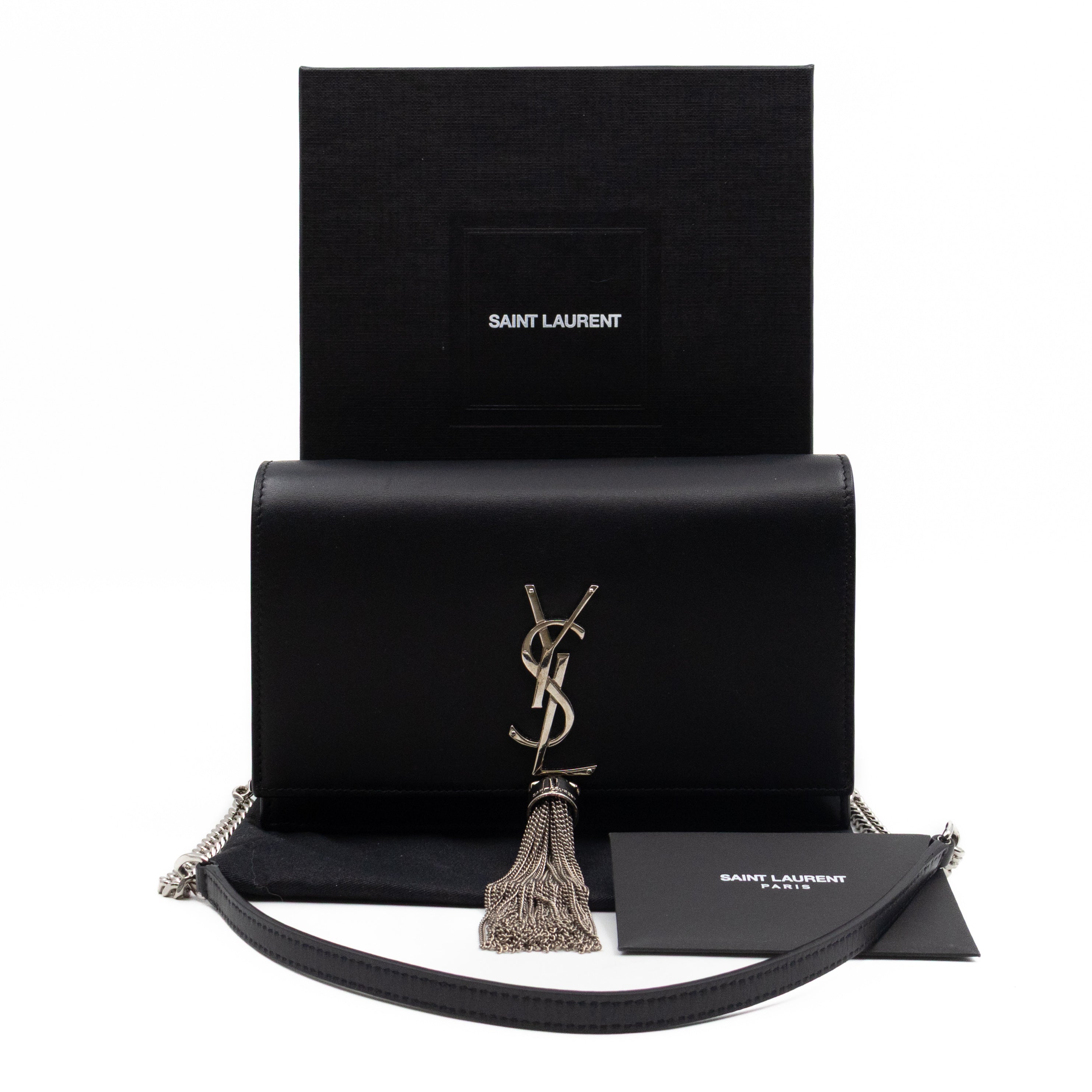 Kate Tassel Chain Wallet Black Smooth Leather Silver