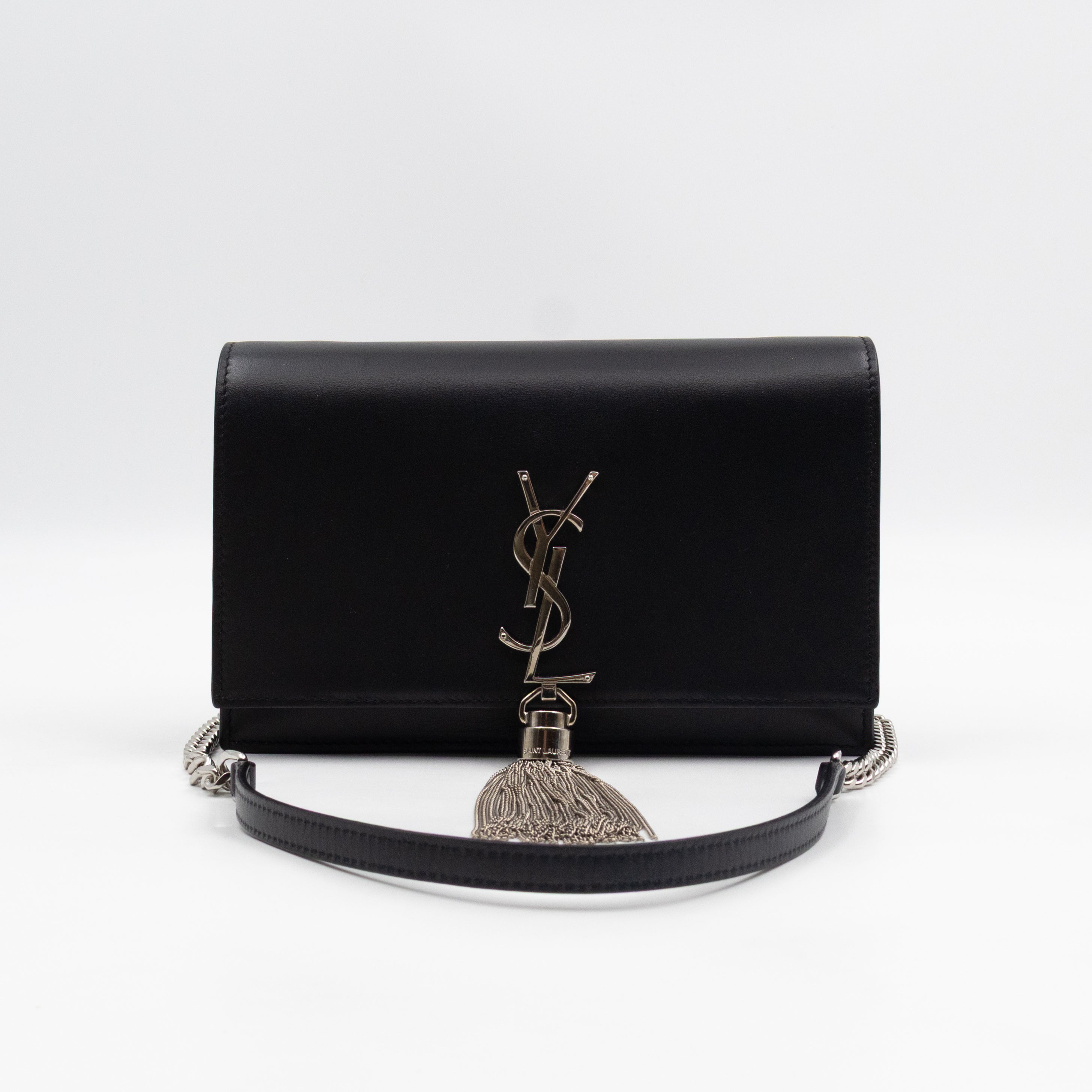 Kate Tassel Chain Wallet Black Smooth Leather Silver