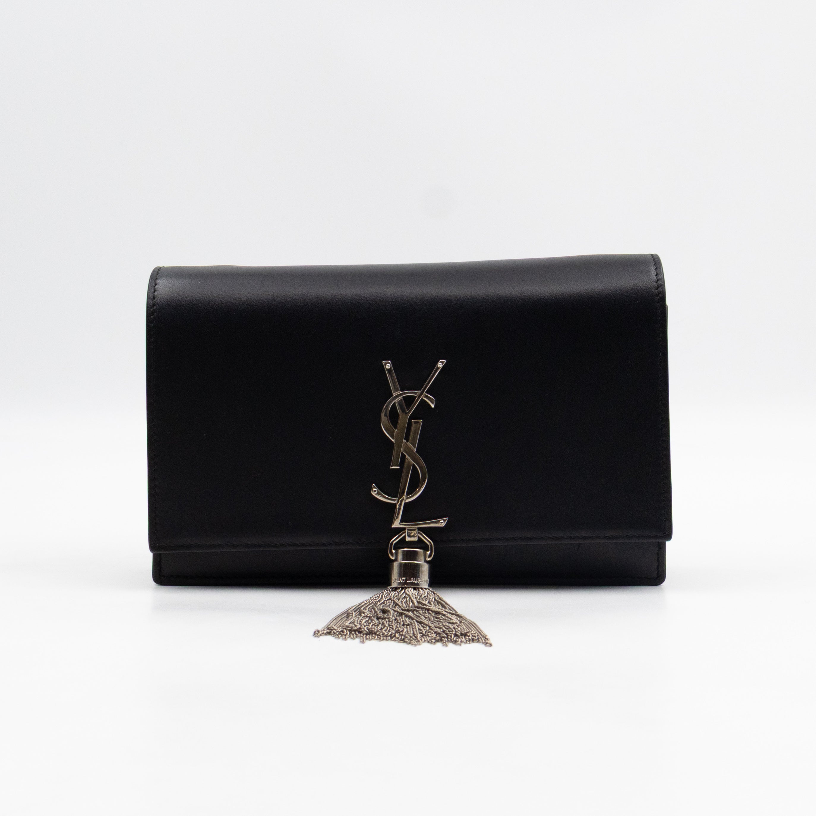 Kate Tassel Chain Wallet Black Smooth Leather Silver
