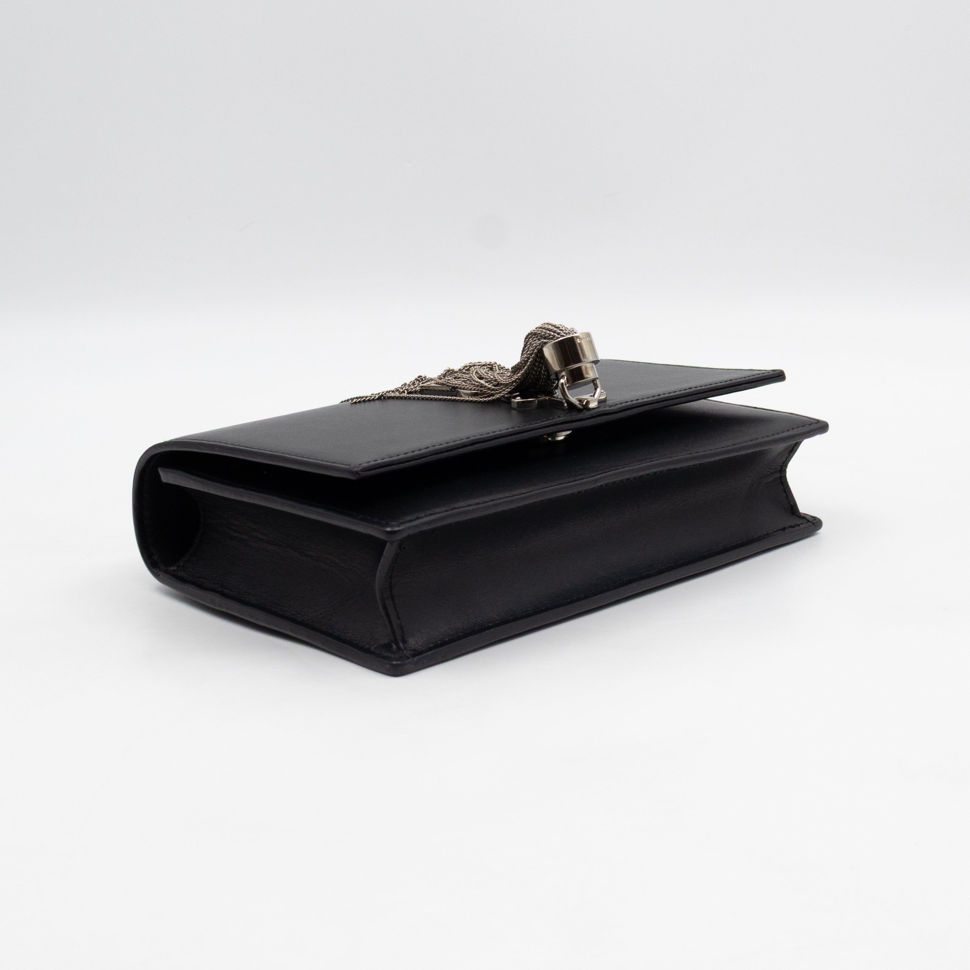 Kate Tassel Chain Wallet Black Smooth Leather Silver