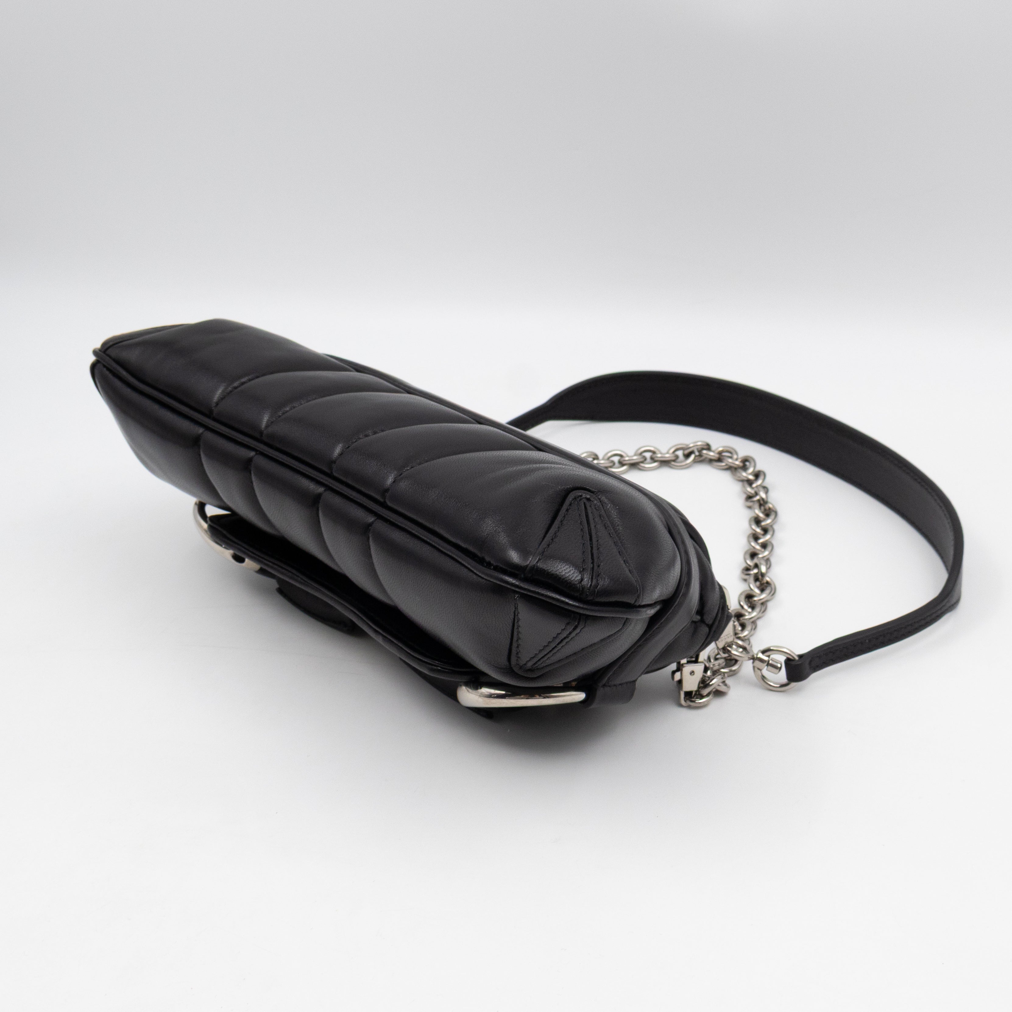 Horsebit Chain Small Shoulder Bag Black Quilted Lambskin Leather