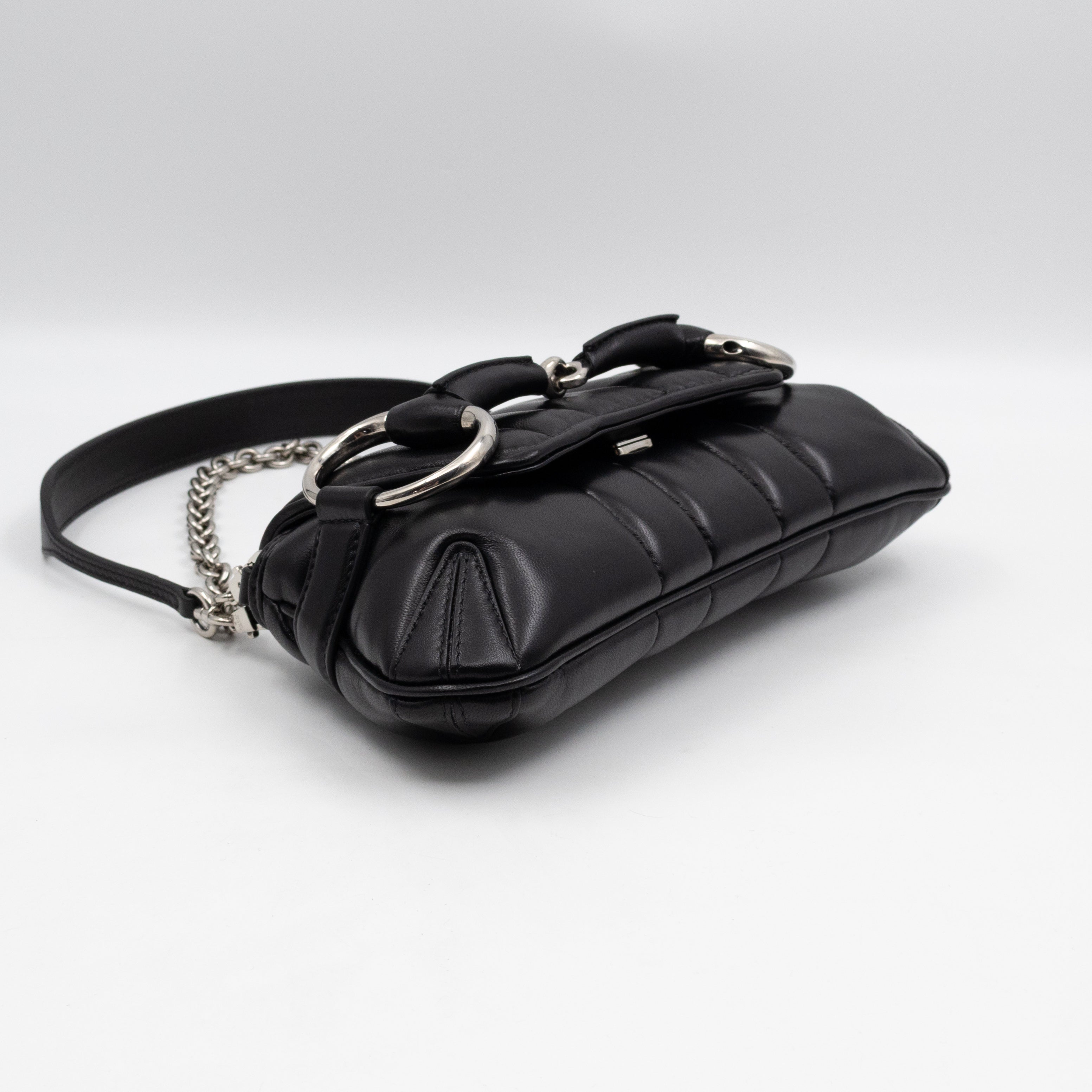 Horsebit Chain Small Shoulder Bag Black Quilted Lambskin Leather