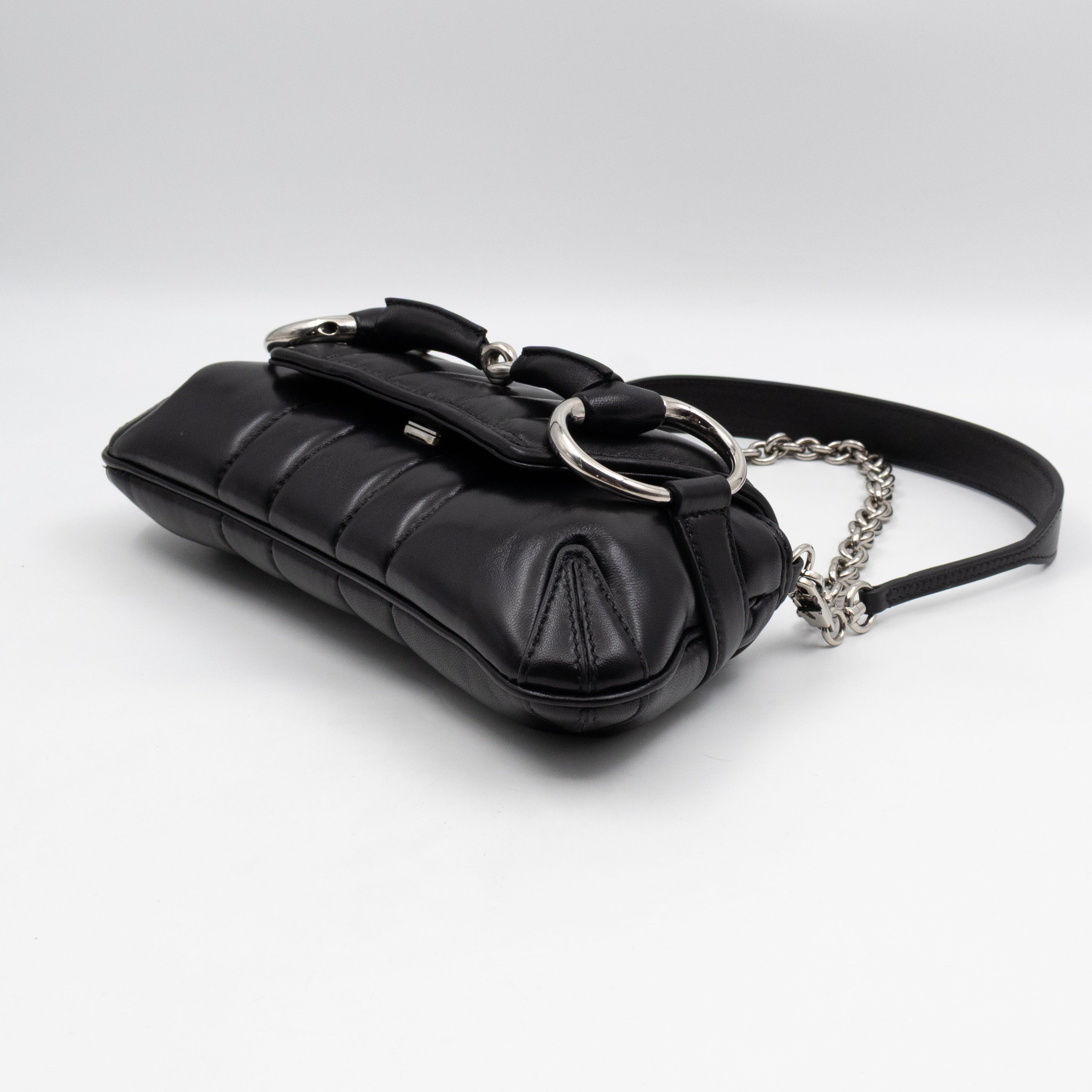 Horsebit Chain Small Shoulder Bag Black Quilted Lambskin Leather