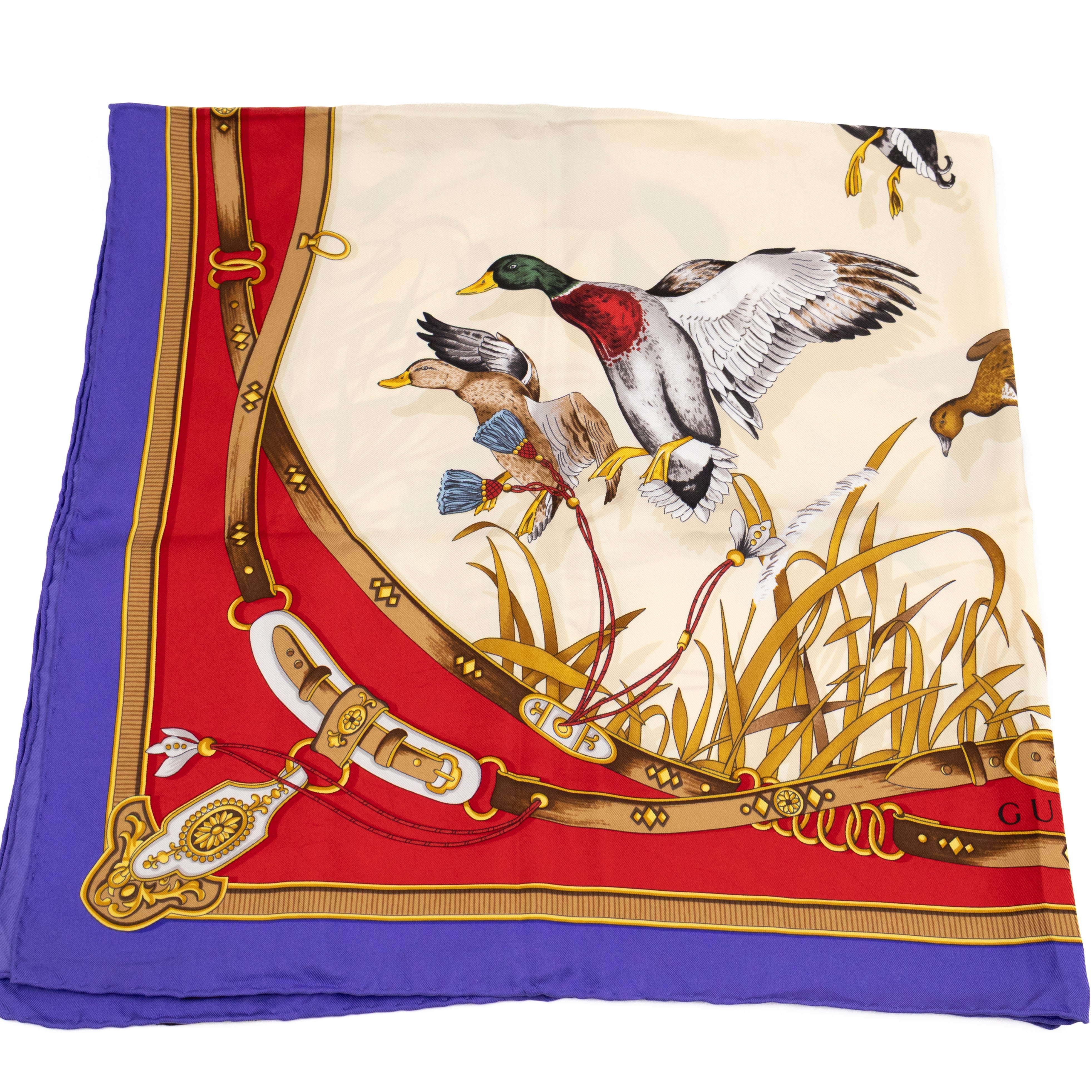 Silk Scarf 90 Flying Ducks Red & Purple