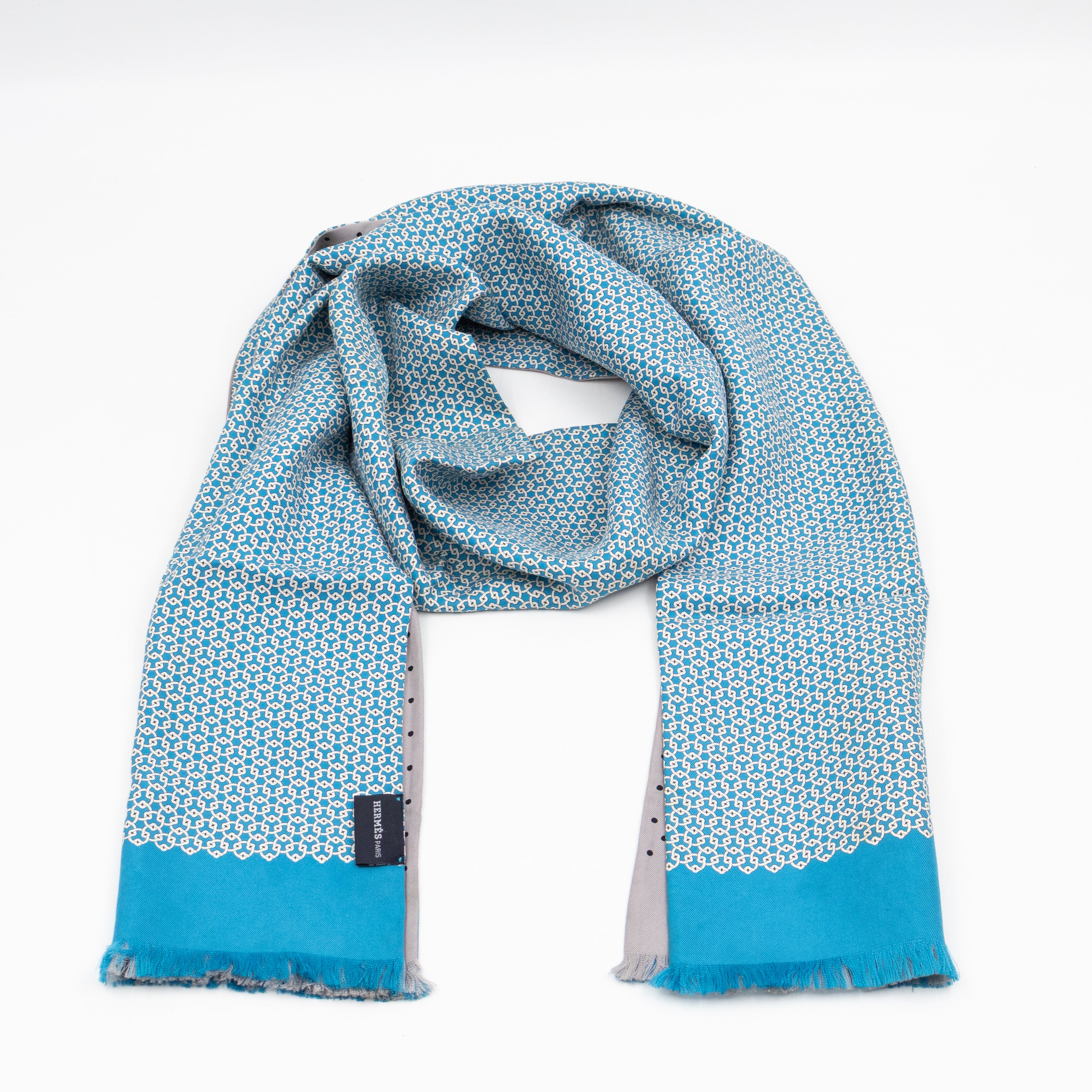 Silk Scarf Blue Geometric & Grey Polka Pattern
