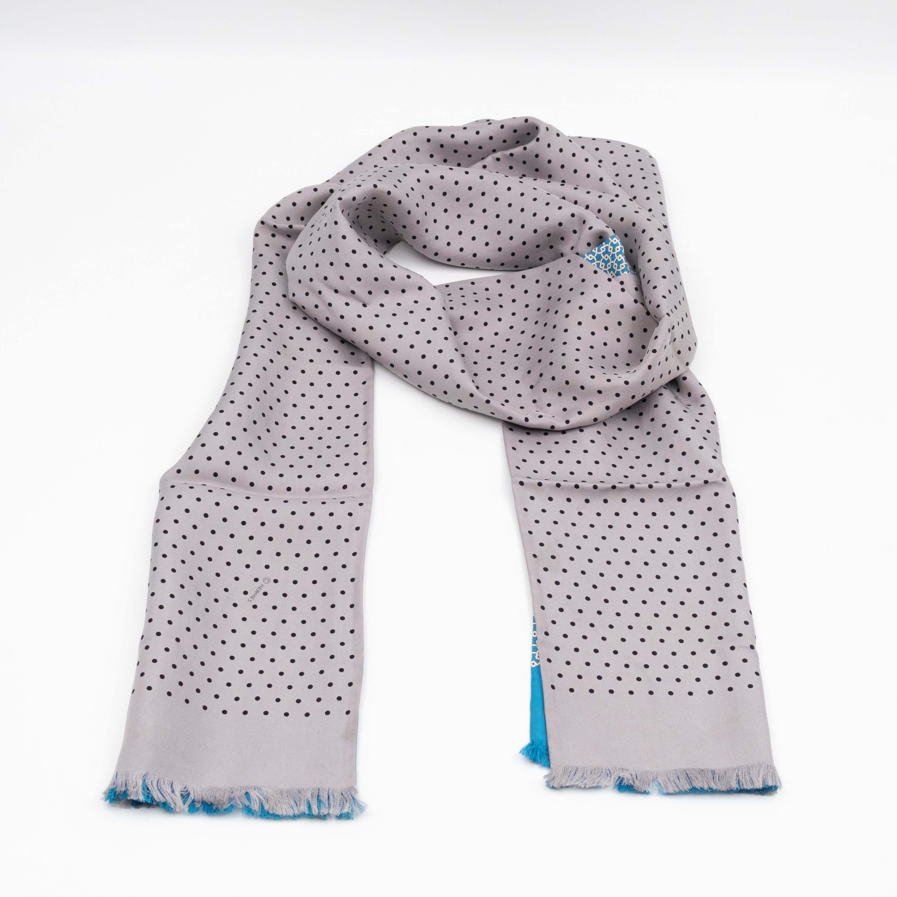 Silk Scarf Blue Geometric & Grey Polka Pattern