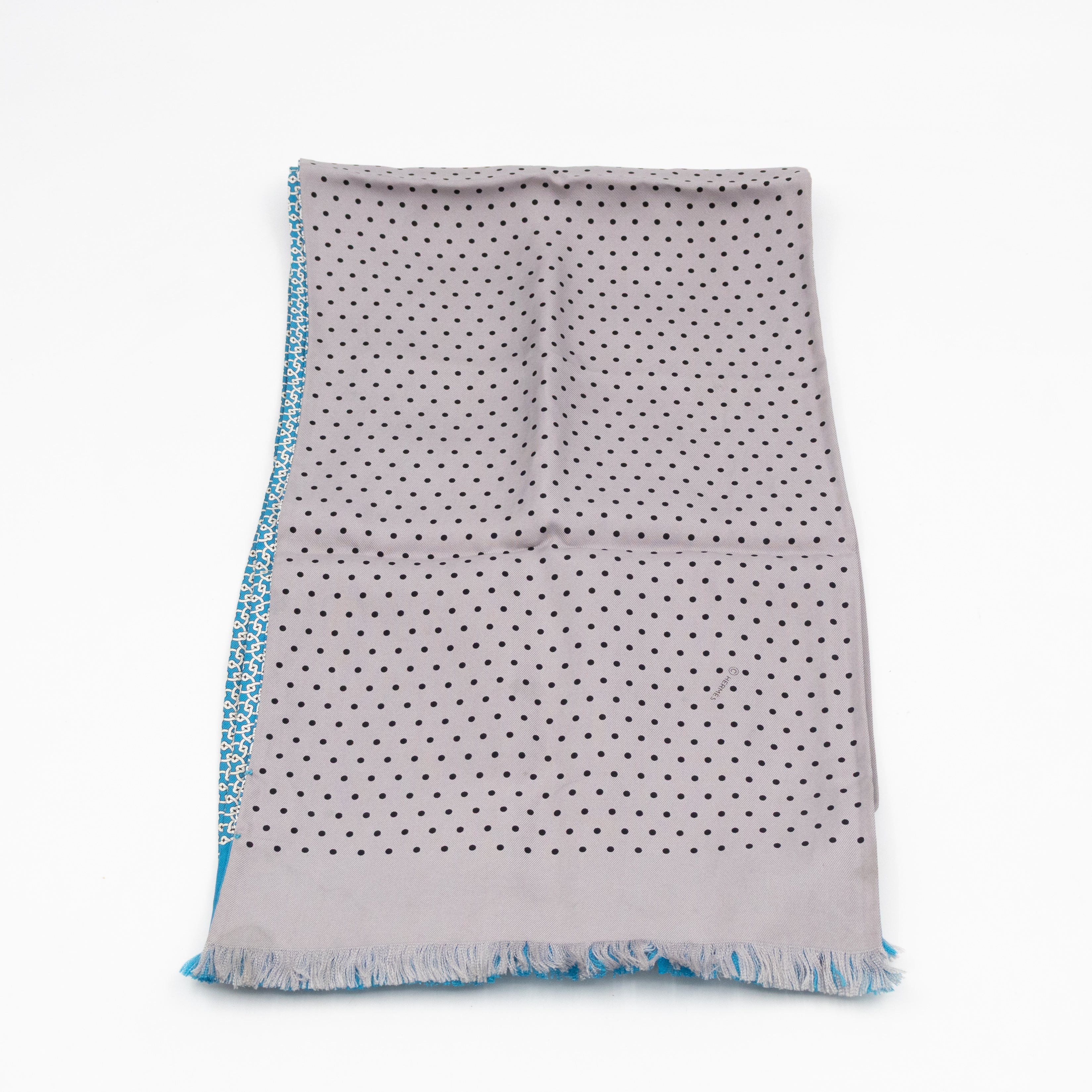 Silk Scarf Blue Geometric & Grey Polka Pattern