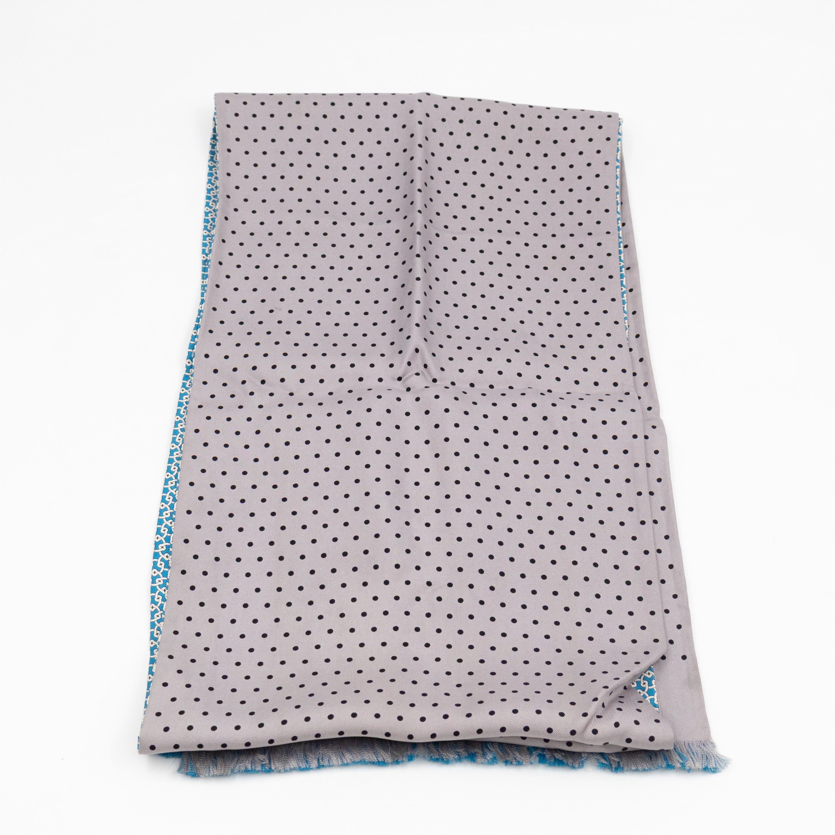 Silk Scarf Blue Geometric & Grey Polka Pattern