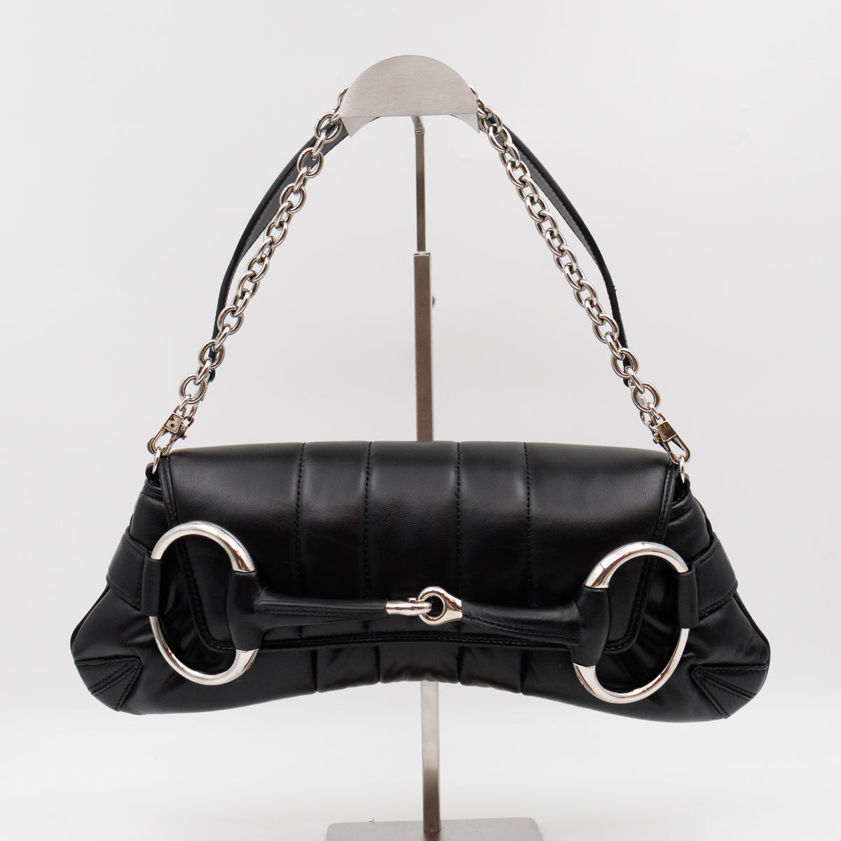 Horsebit Chain Medium Shoulder Bag Black Quilted Lambskin Leather