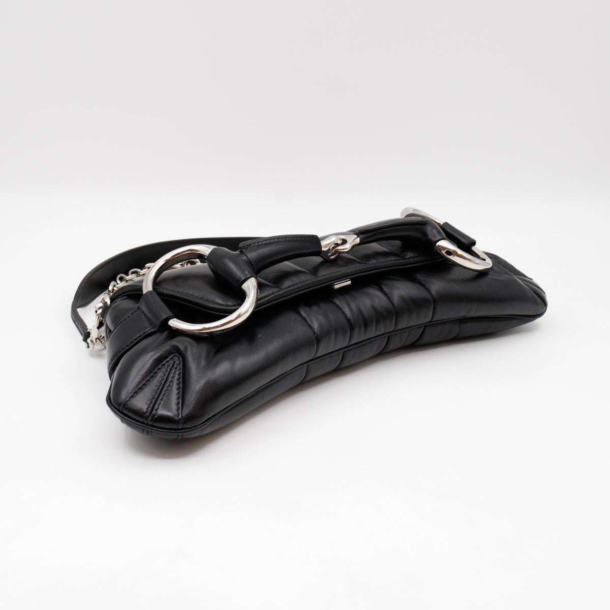 Horsebit Chain Medium Shoulder Bag Black Quilted Lambskin Leather
