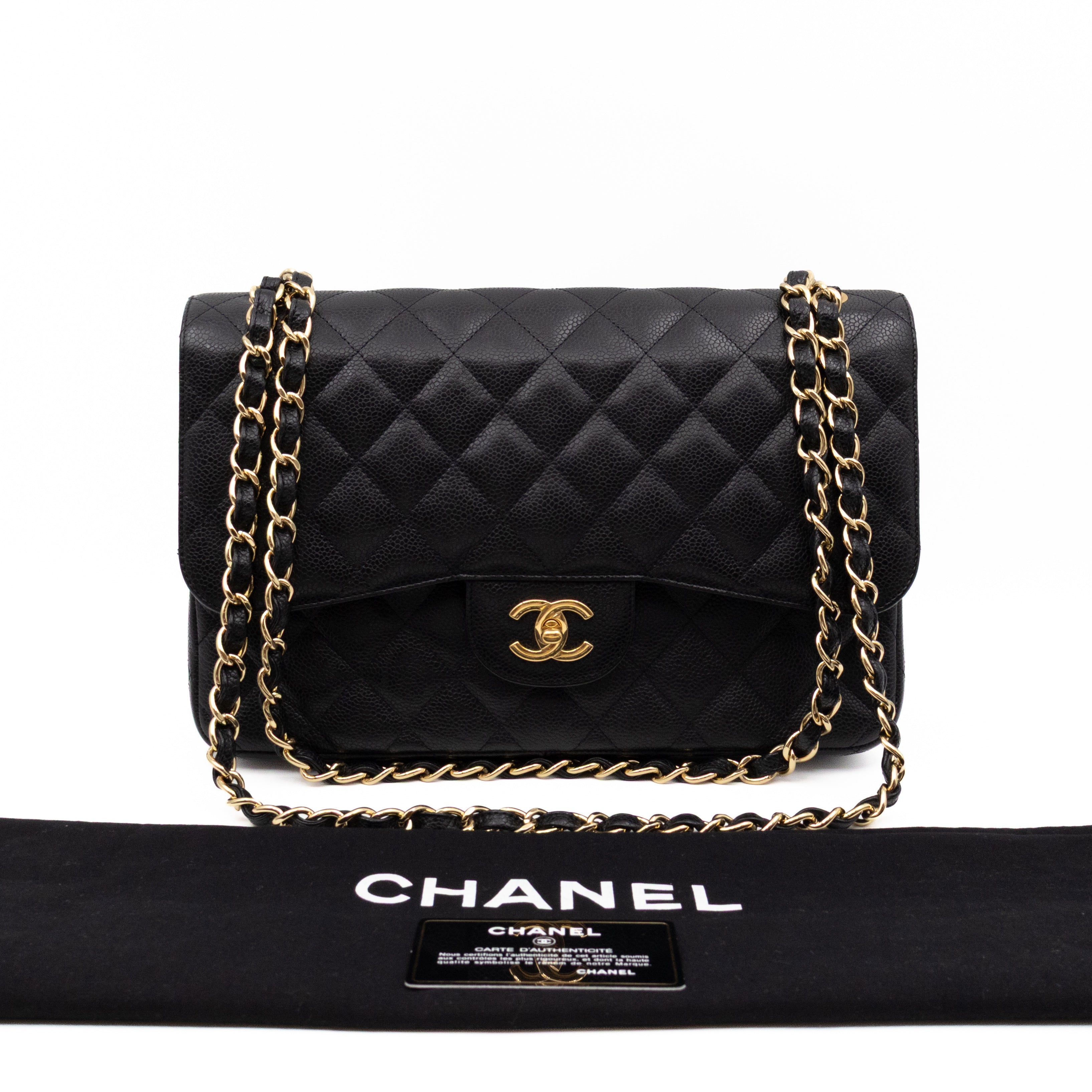 Classic Double Flap Jumbo Black Caviarskin Leather Gold
