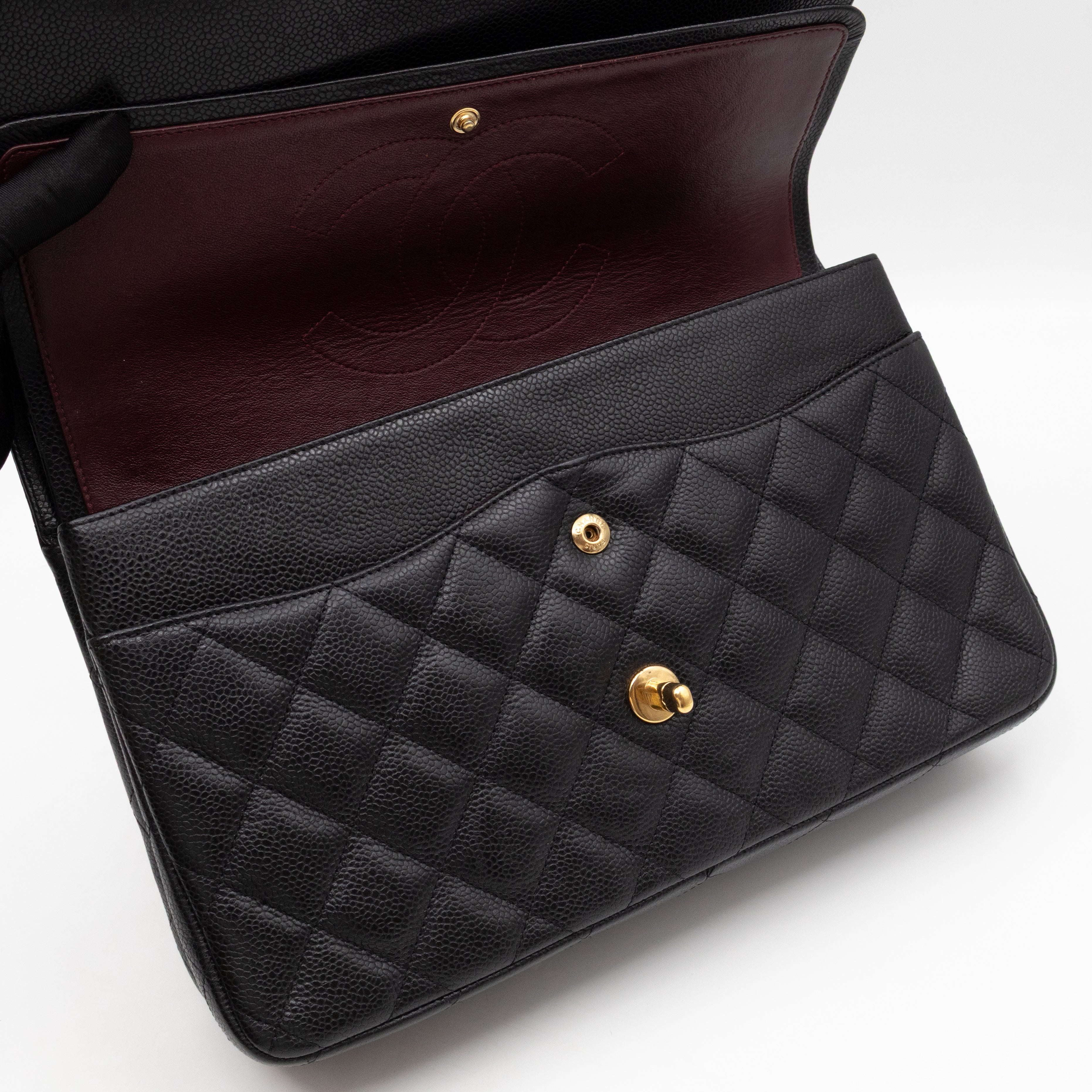 Classic Double Flap Jumbo Black Caviarskin Leather Gold