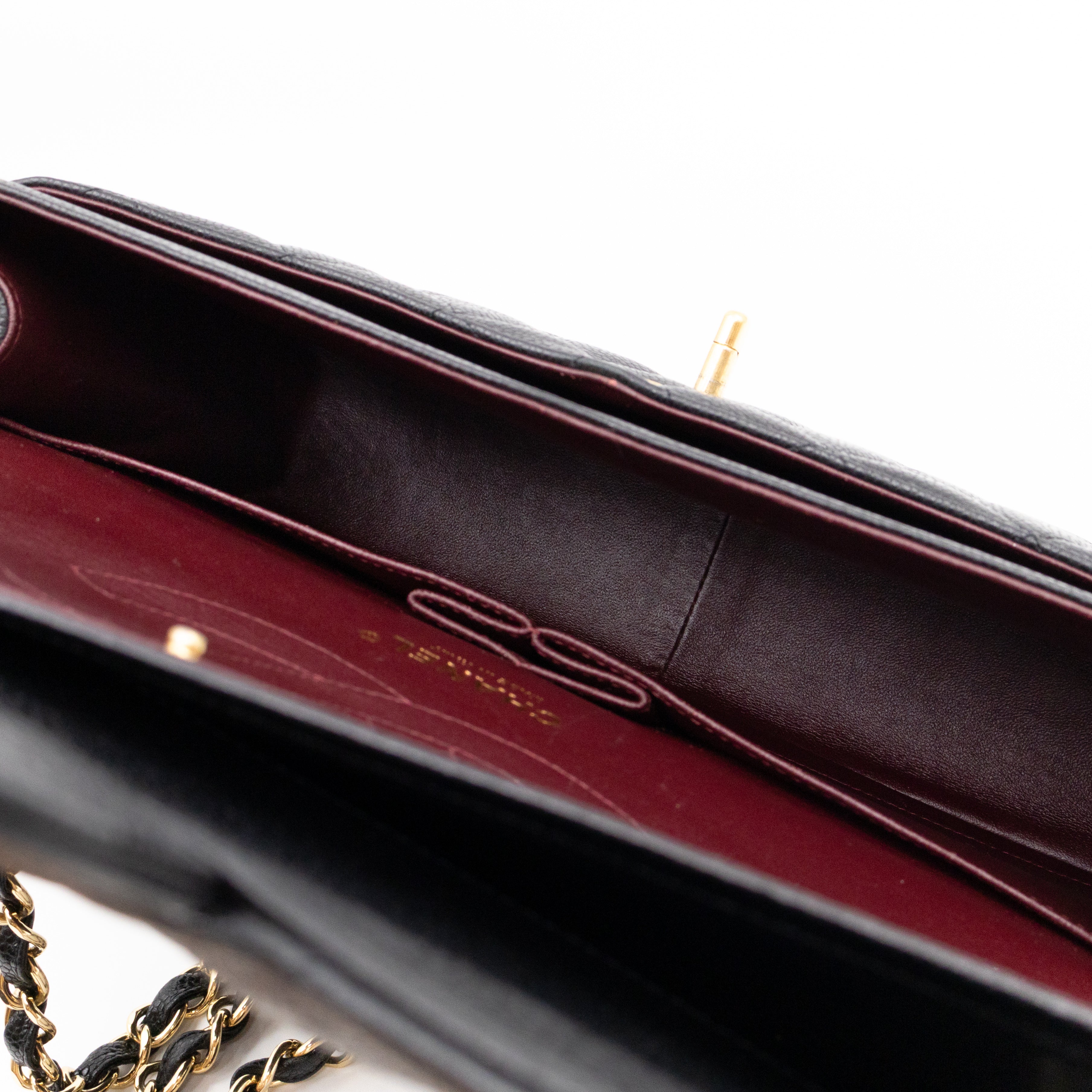 Classic Double Flap Jumbo Black Caviarskin Leather Gold