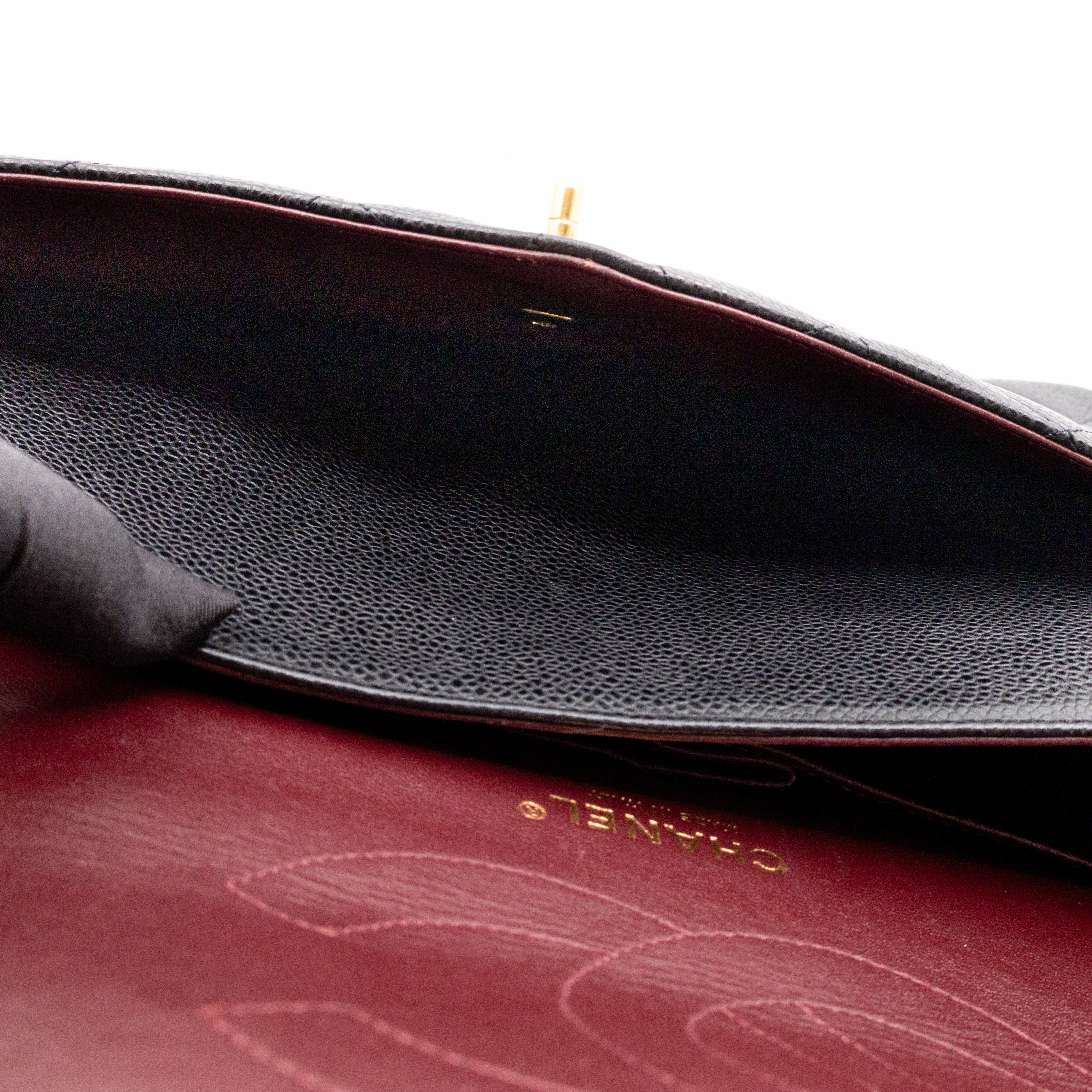 Classic Double Flap Jumbo Black Caviarskin Leather Gold
