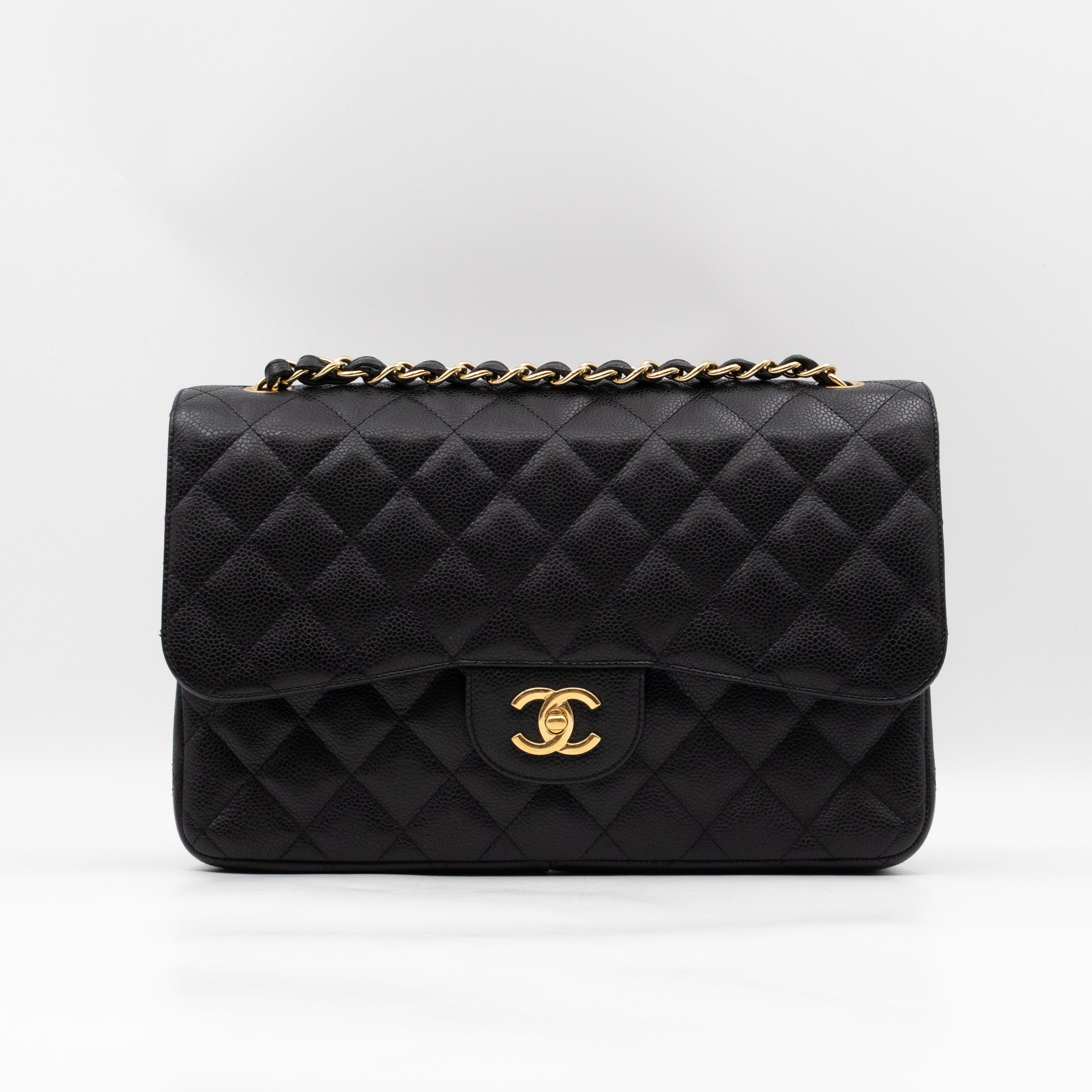 Classic Double Flap Jumbo Black Caviarskin Leather Gold