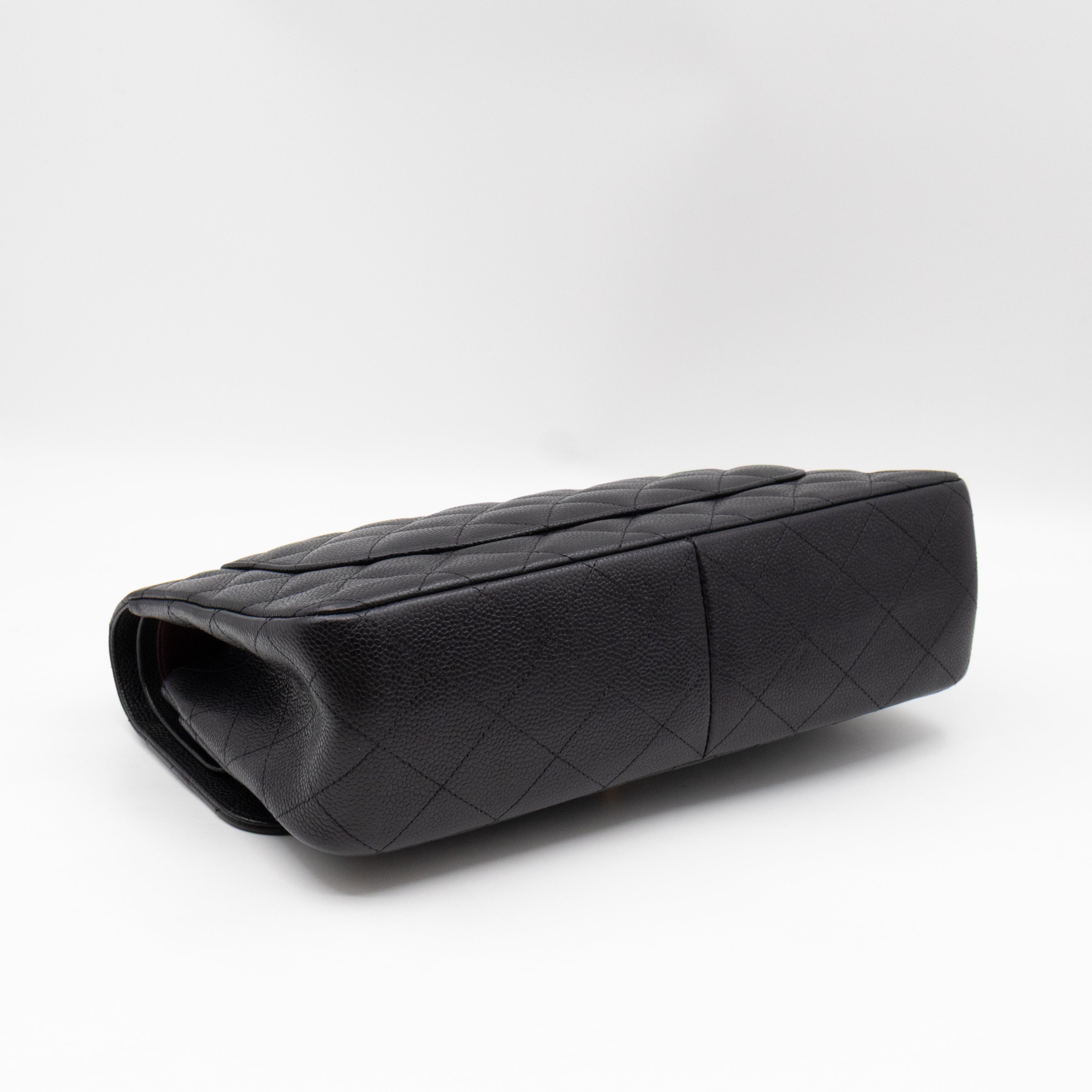 Classic Double Flap Jumbo Black Caviarskin Leather Gold