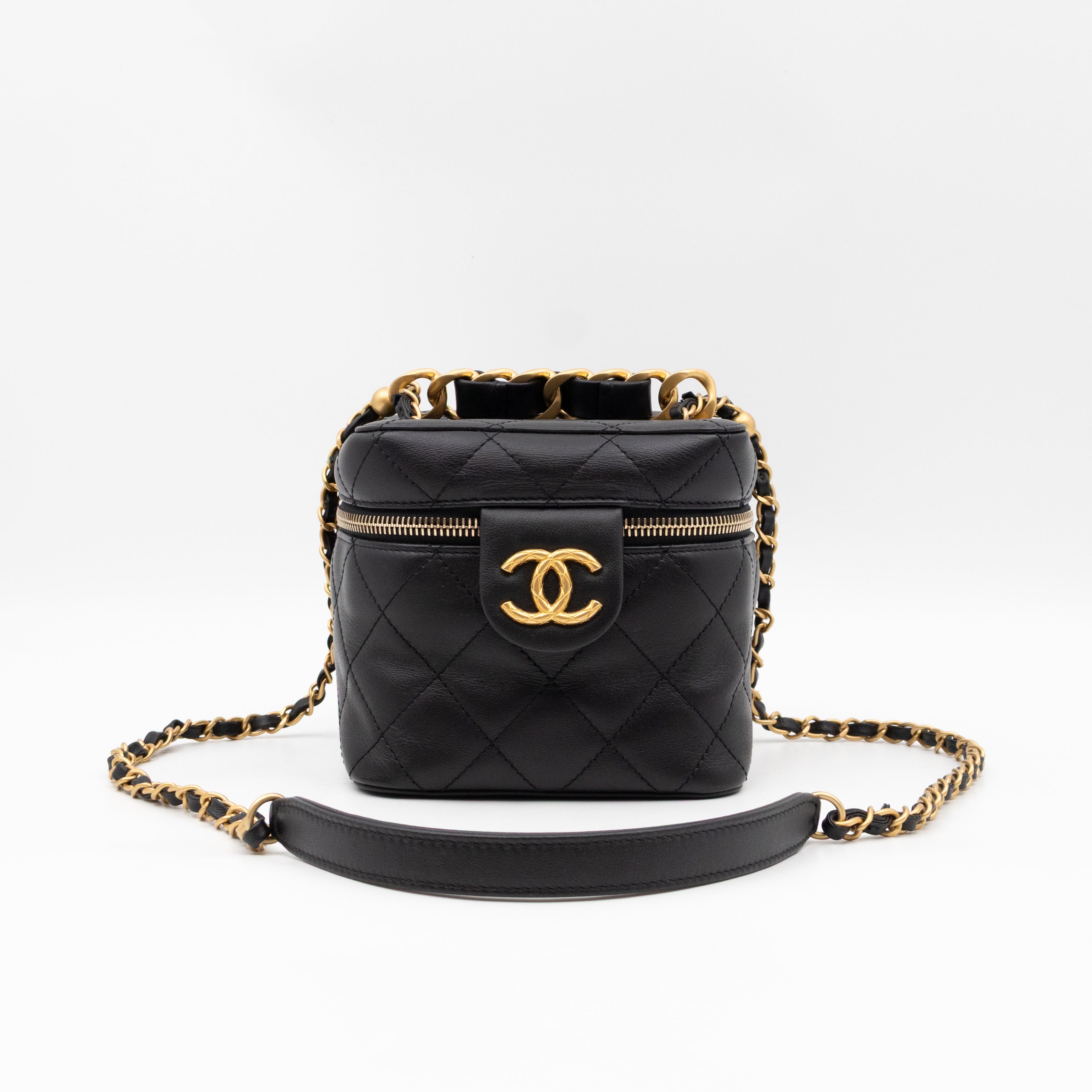 CC Chain Vanity Case Small Black Leather