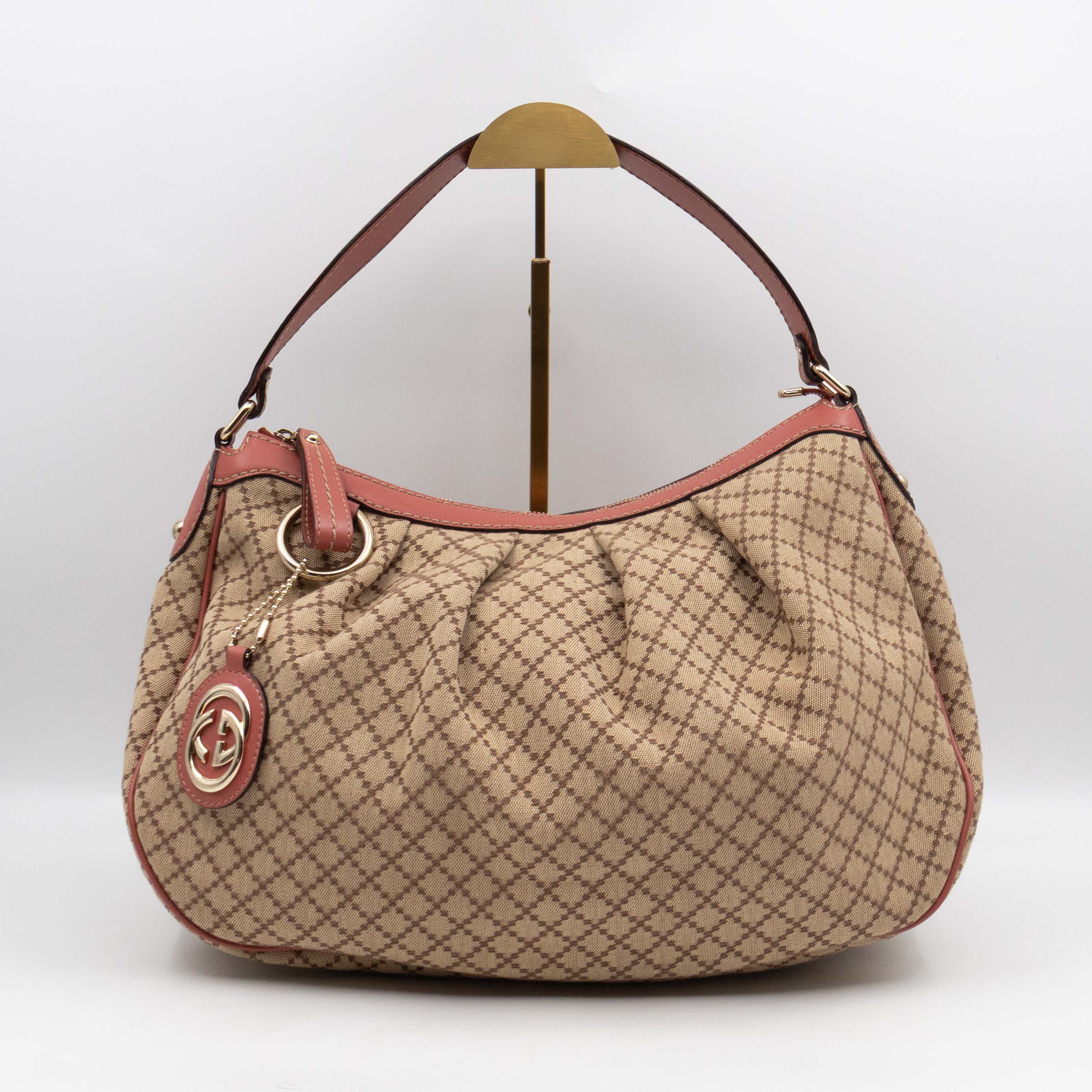 Sukey Medium Hobo Tote Bag Beige Diamante Canvas Pink