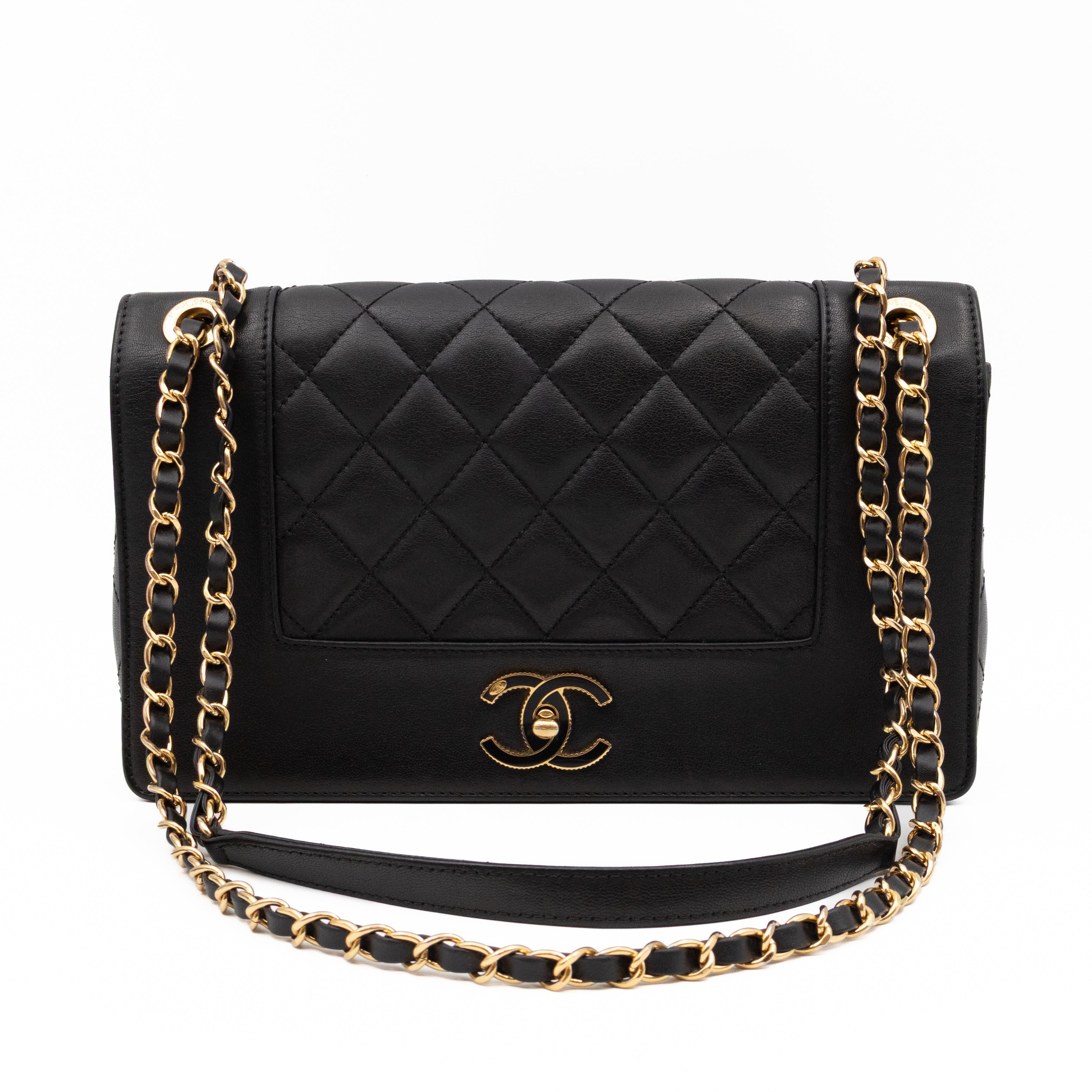 Mademoiselle Large Flap Bag Black Sheepskin Leather Gold