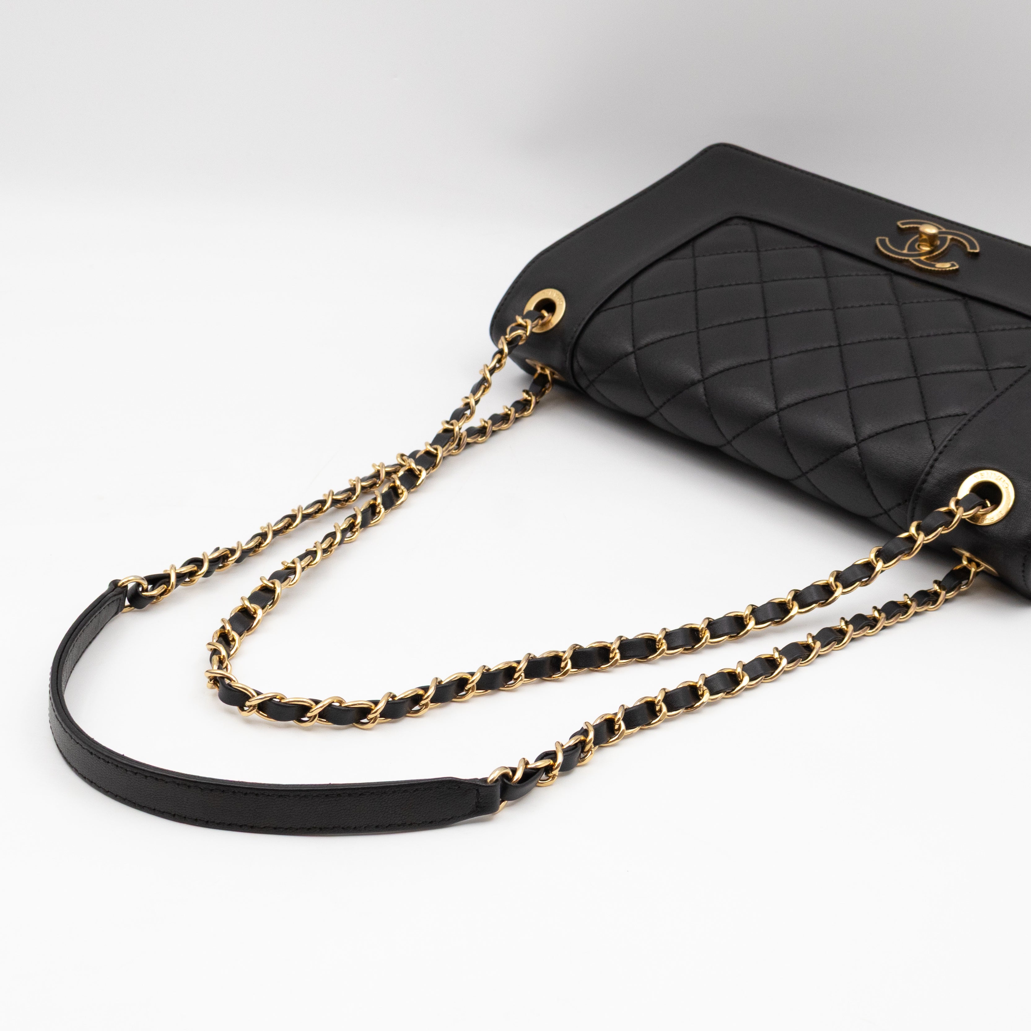 Mademoiselle Large Flap Bag Black Sheepskin Leather Gold
