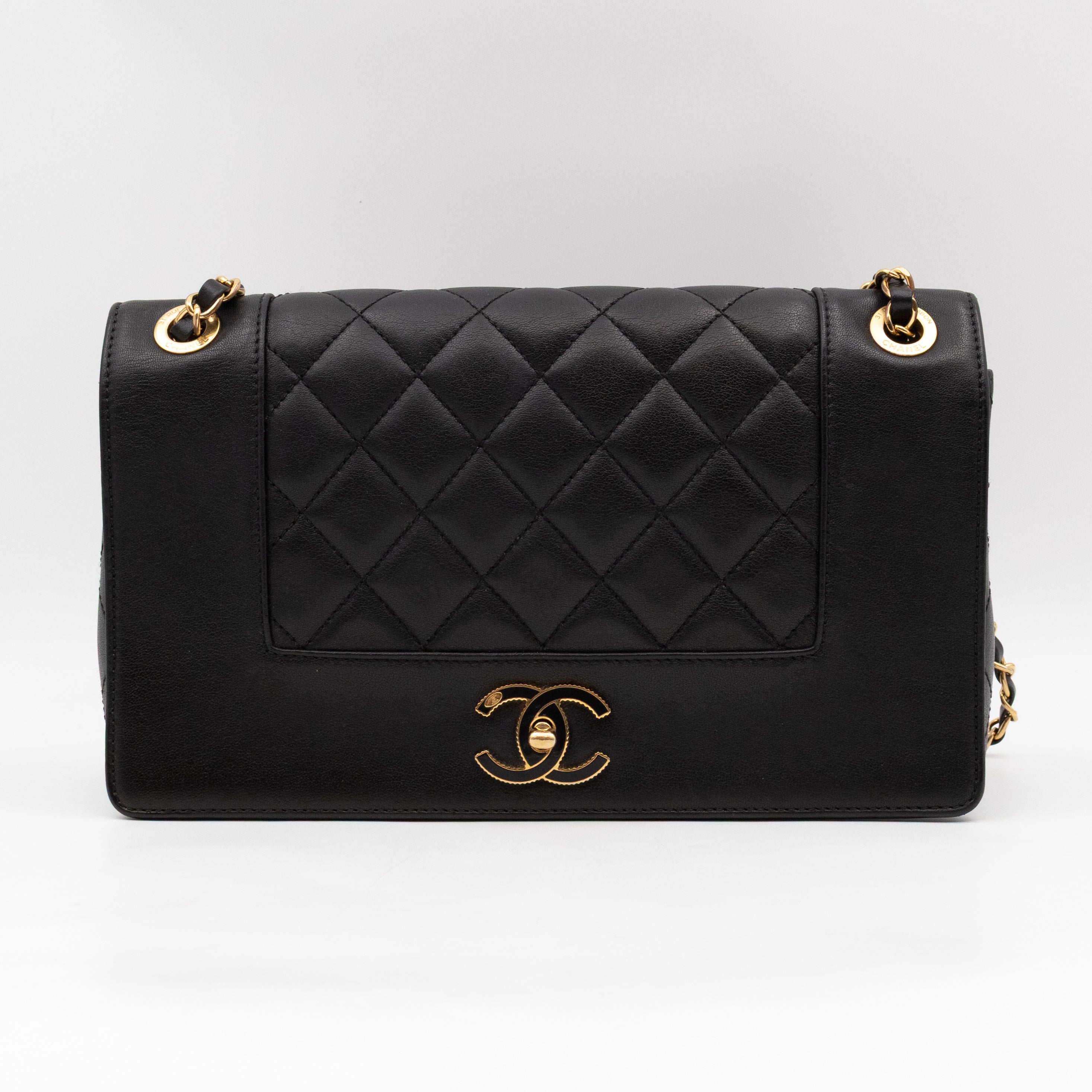 Mademoiselle Large Flap Bag Black Sheepskin Leather Gold