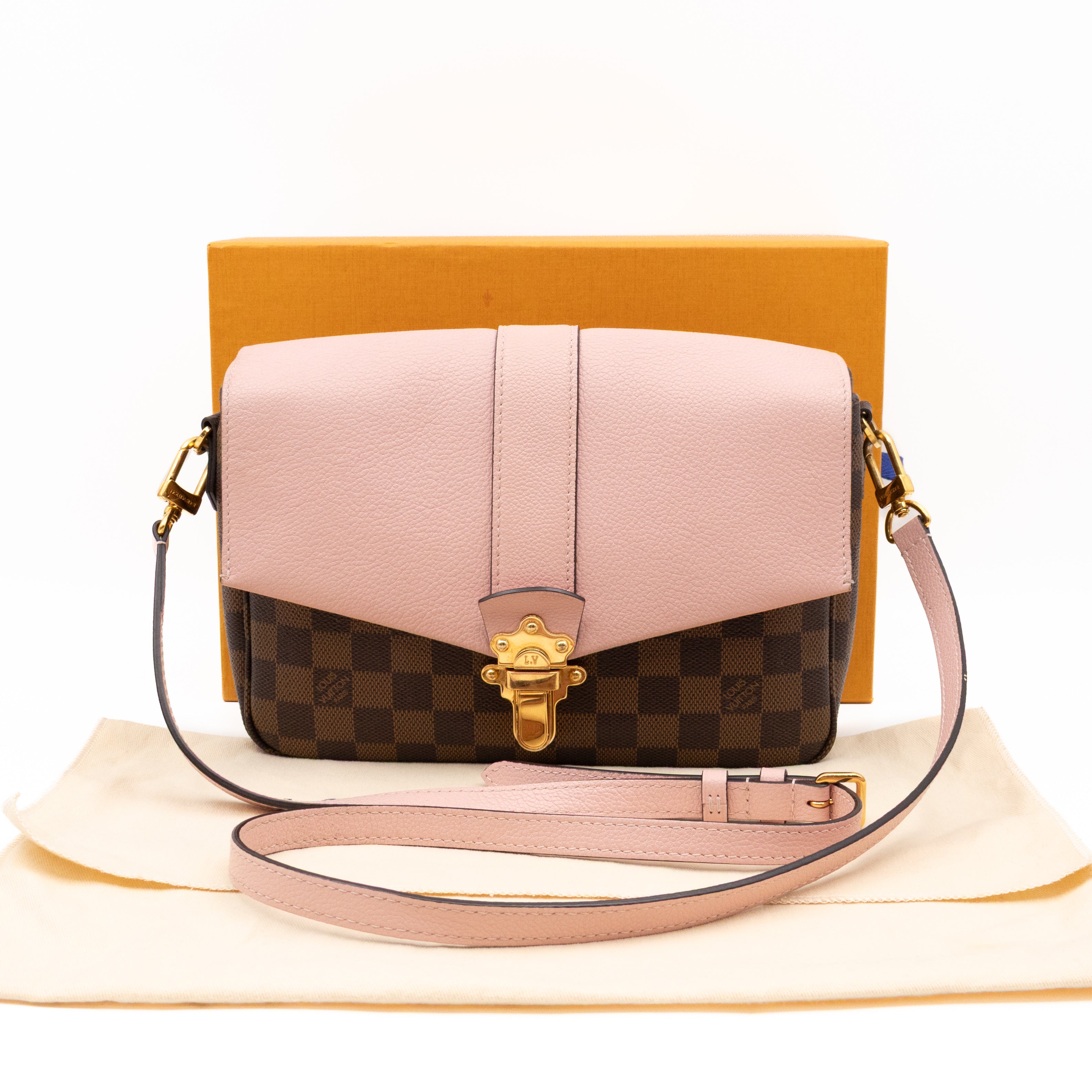 Clapton Crossbody Damier Ebene & Rose Ballerine Leather