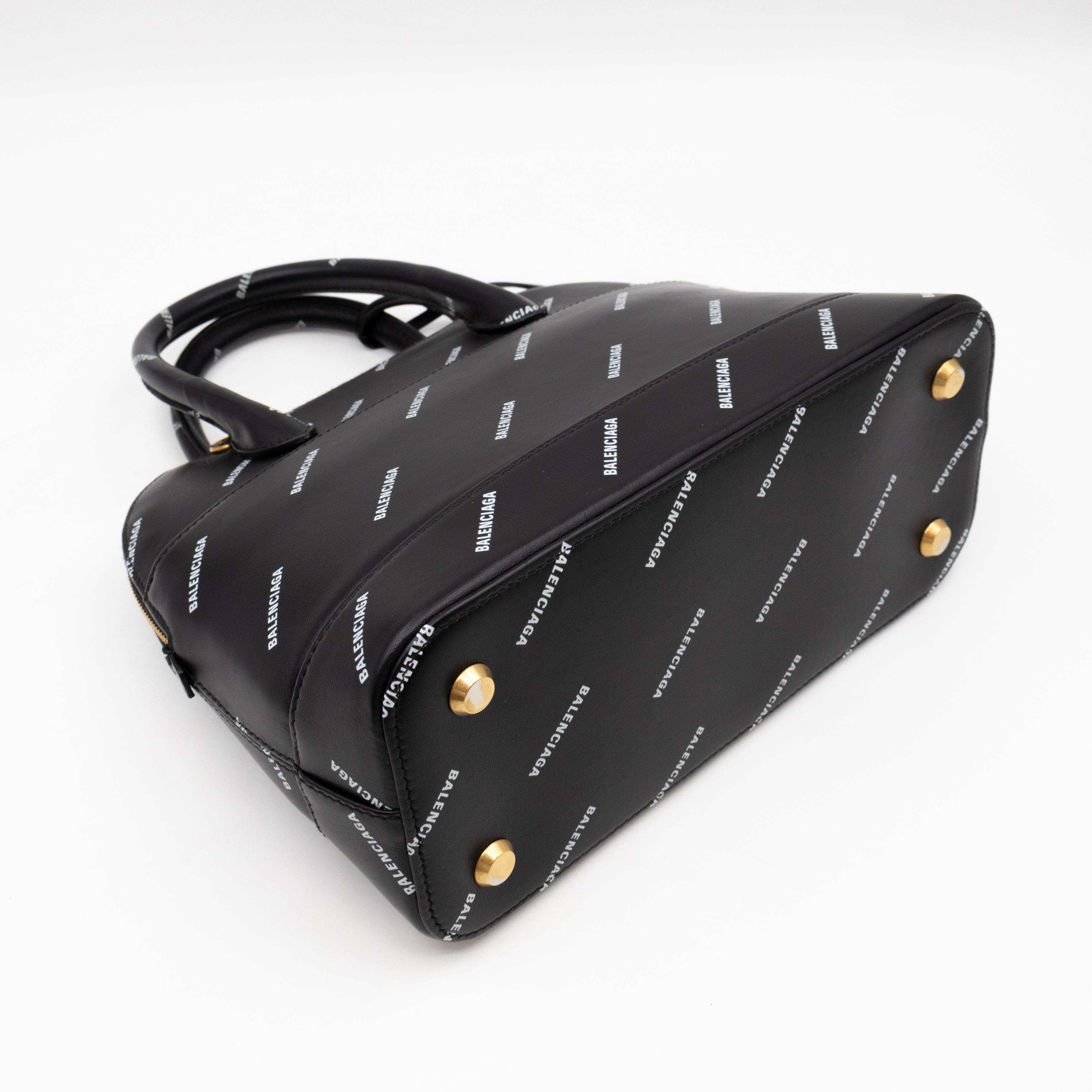 Ville Small Top Handle White Logo Print Black Leather