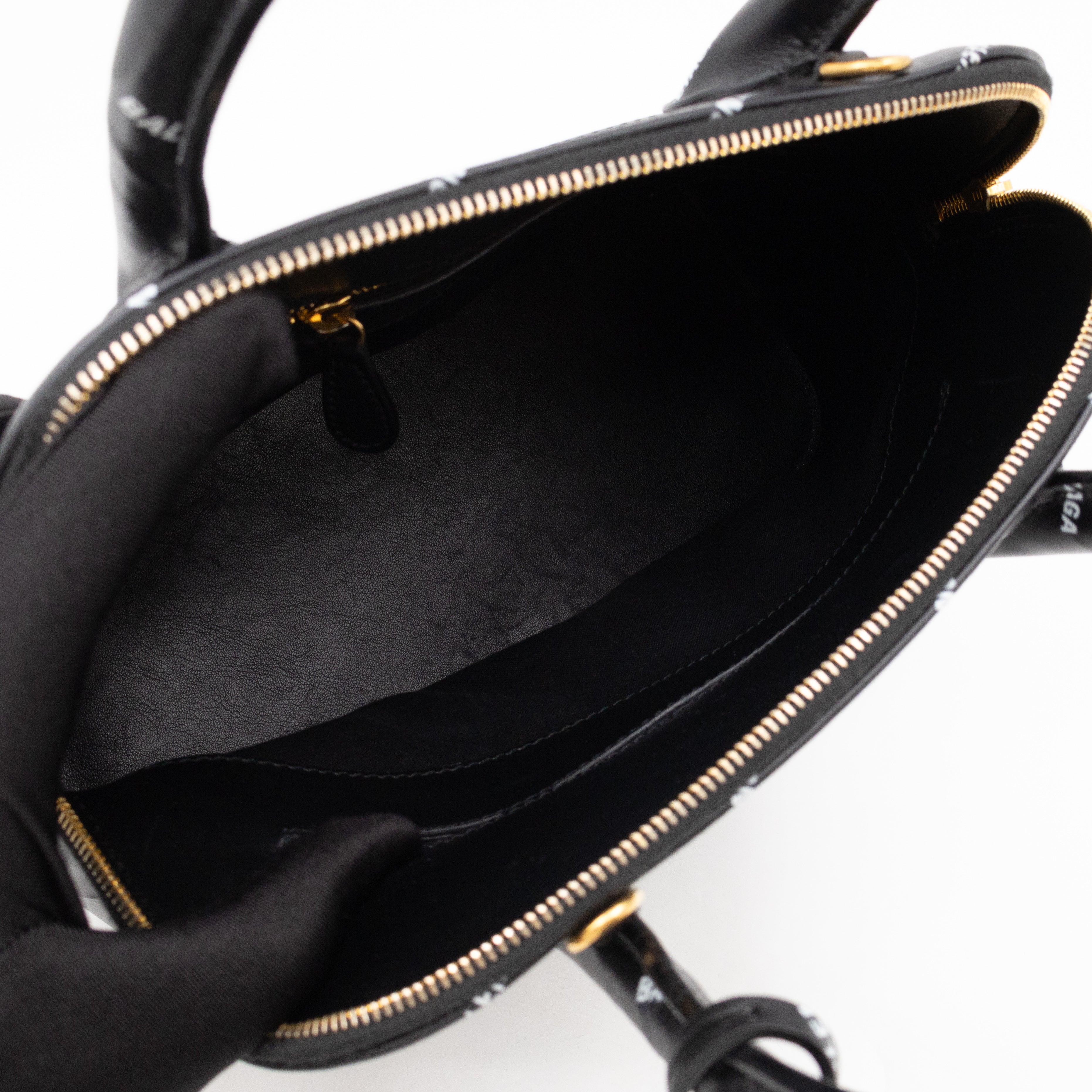 Ville Small Top Handle White Logo Print Black Leather