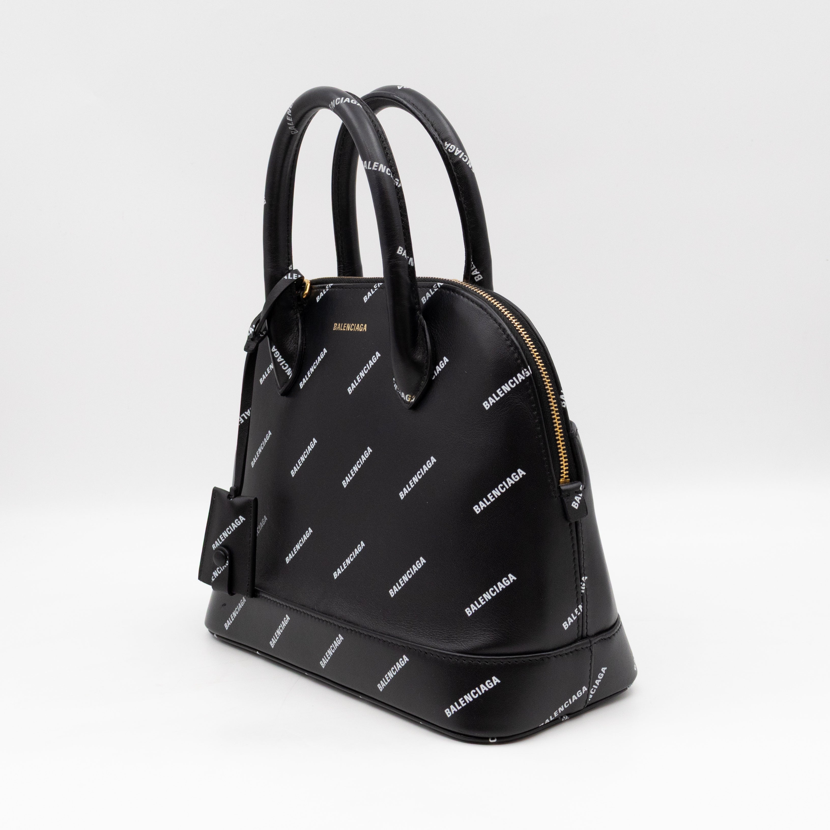Ville Small Top Handle White Logo Print Black Leather