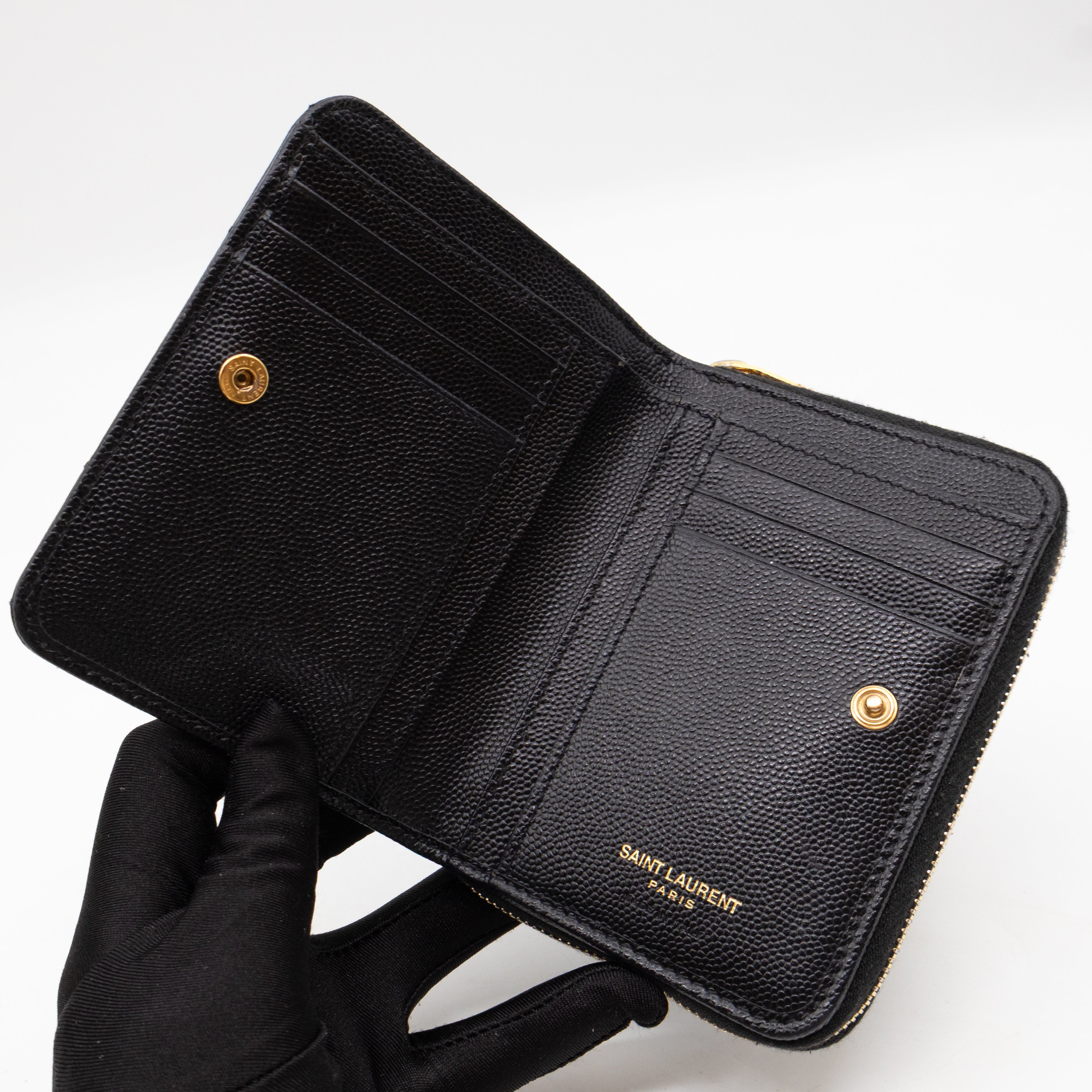 Cassandre Compact Zip Around Wallet Black Grained Leather