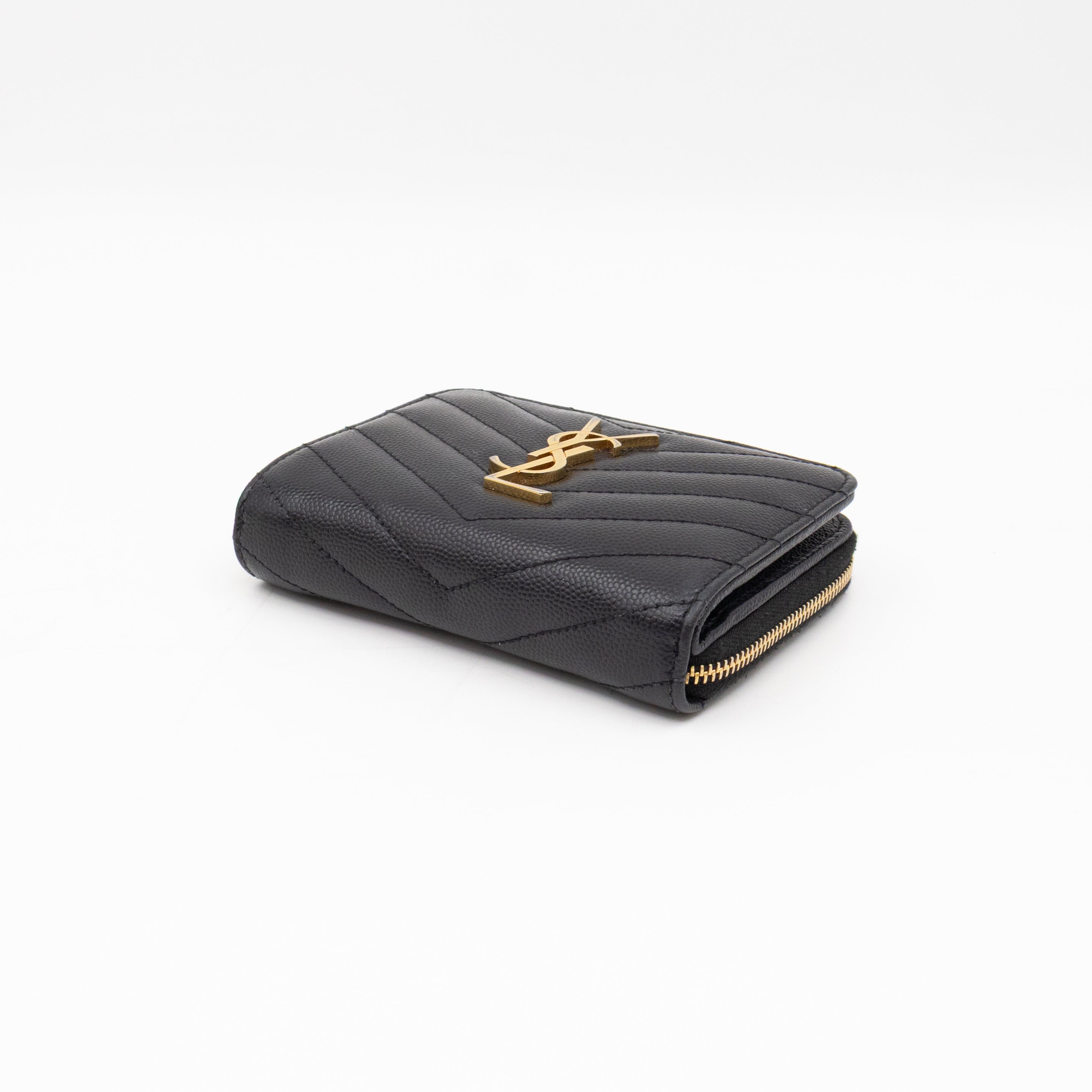 Cassandre Compact Zip Around Wallet Black Grained Leather