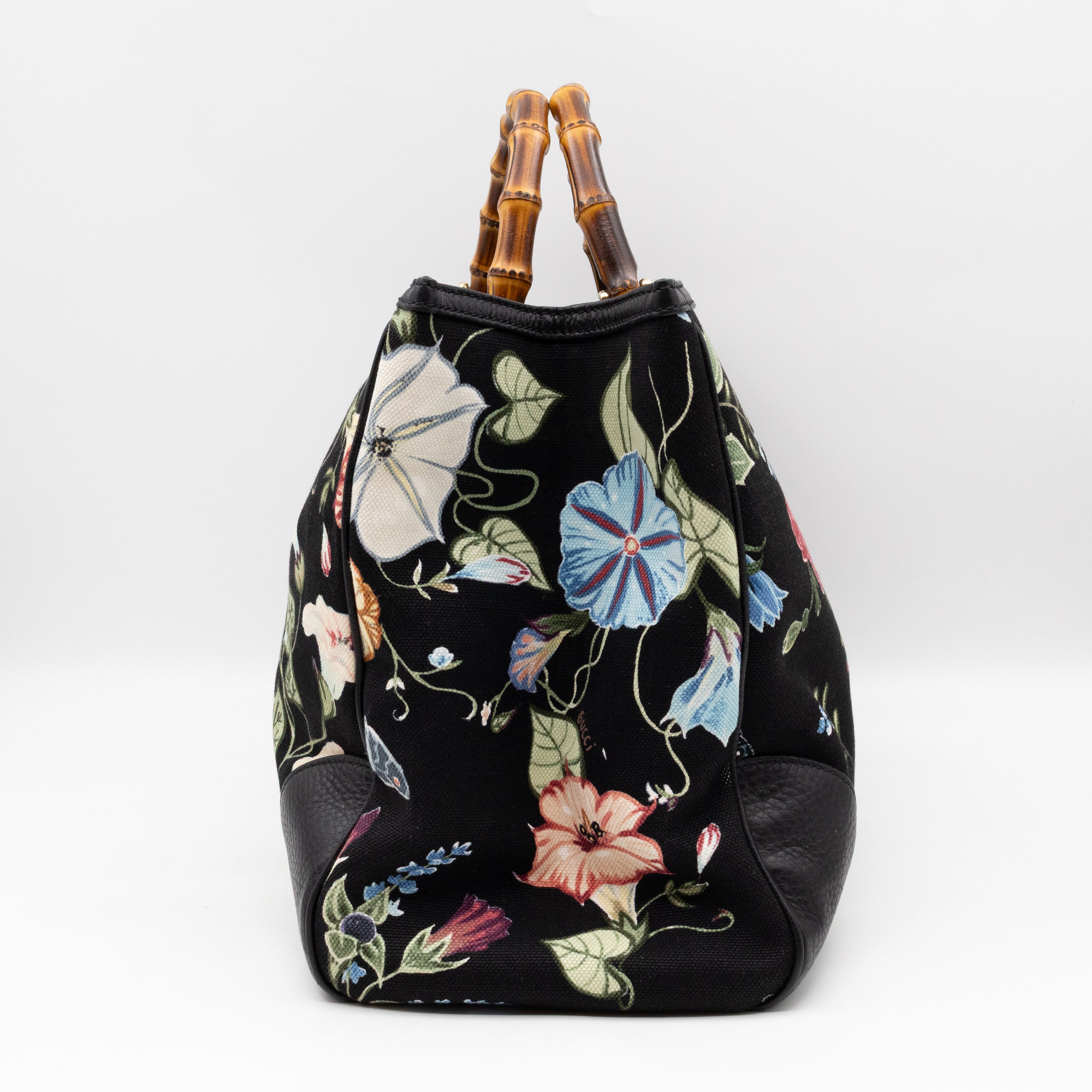 Large Bamboo Shopper Tote Bag Black Floral Canvas