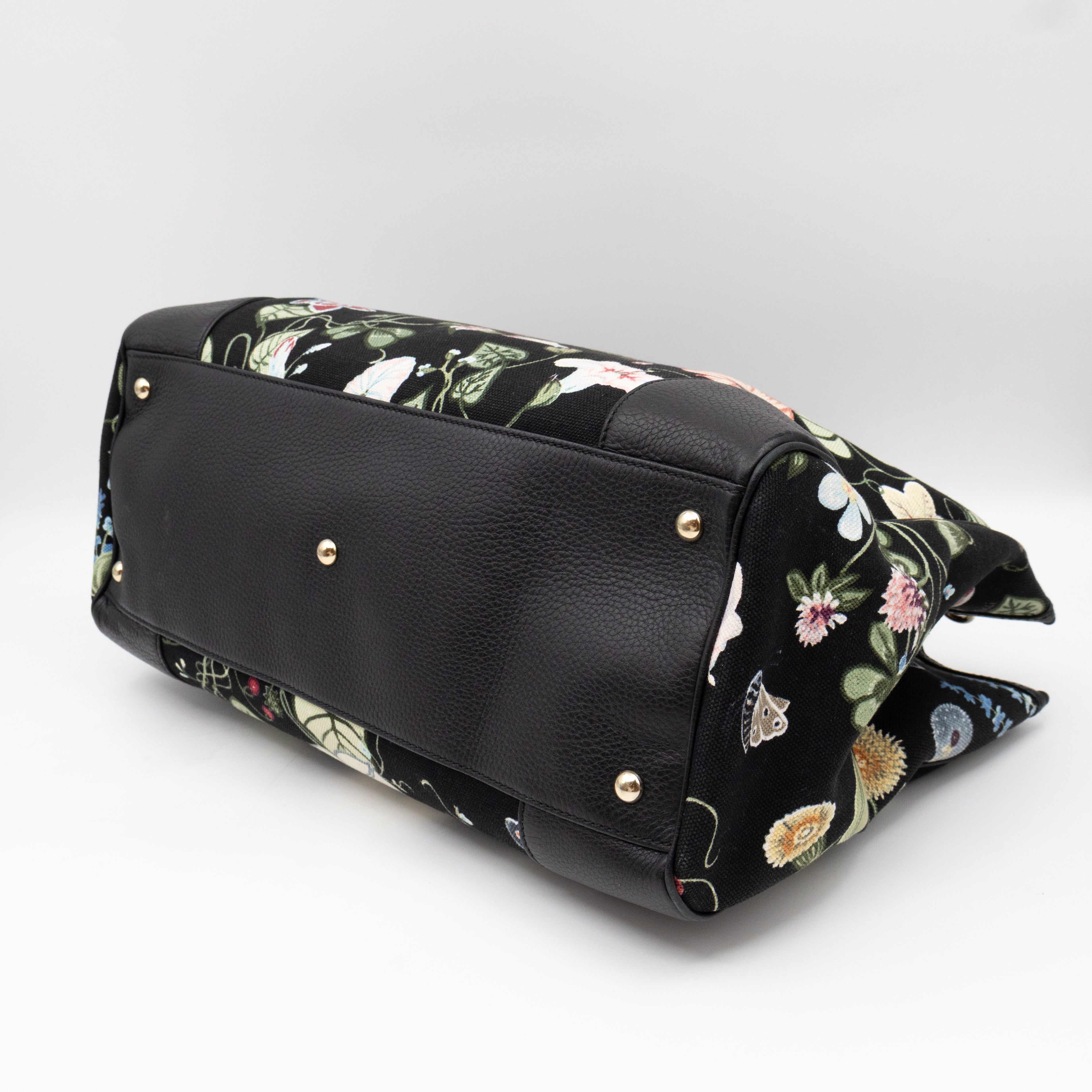 Large Bamboo Shopper Tote Bag Black Floral Canvas