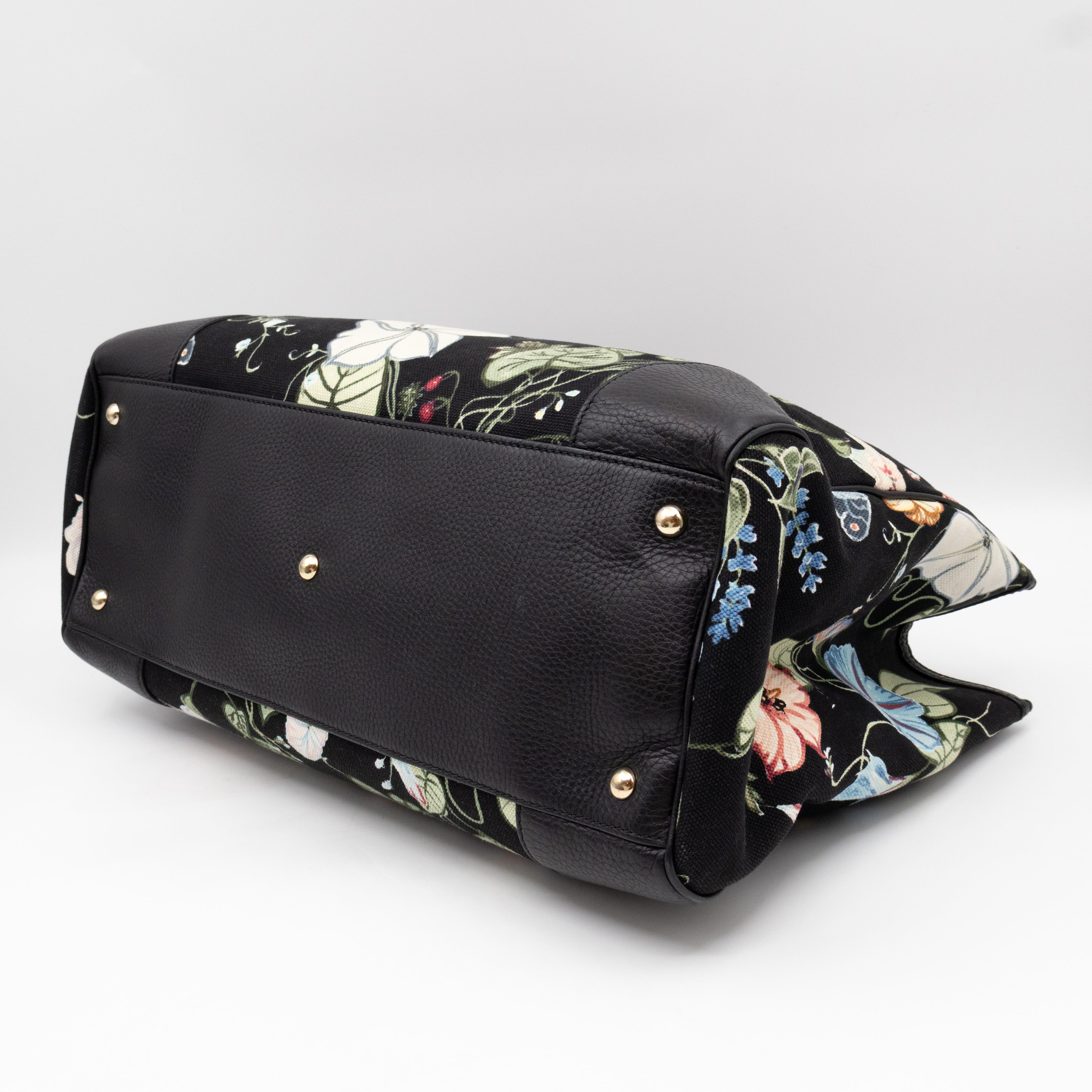 Large Bamboo Shopper Tote Bag Black Floral Canvas