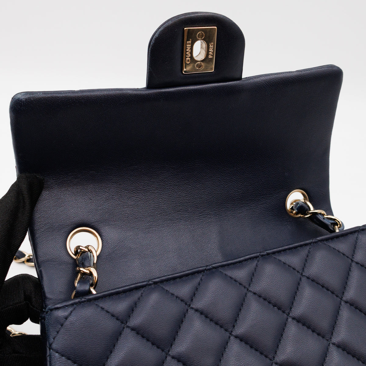 Classic Single Flap Mini Rectangular Navy Lambskin Leather