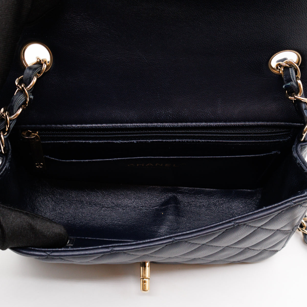 Classic Single Flap Mini Rectangular Navy Lambskin Leather