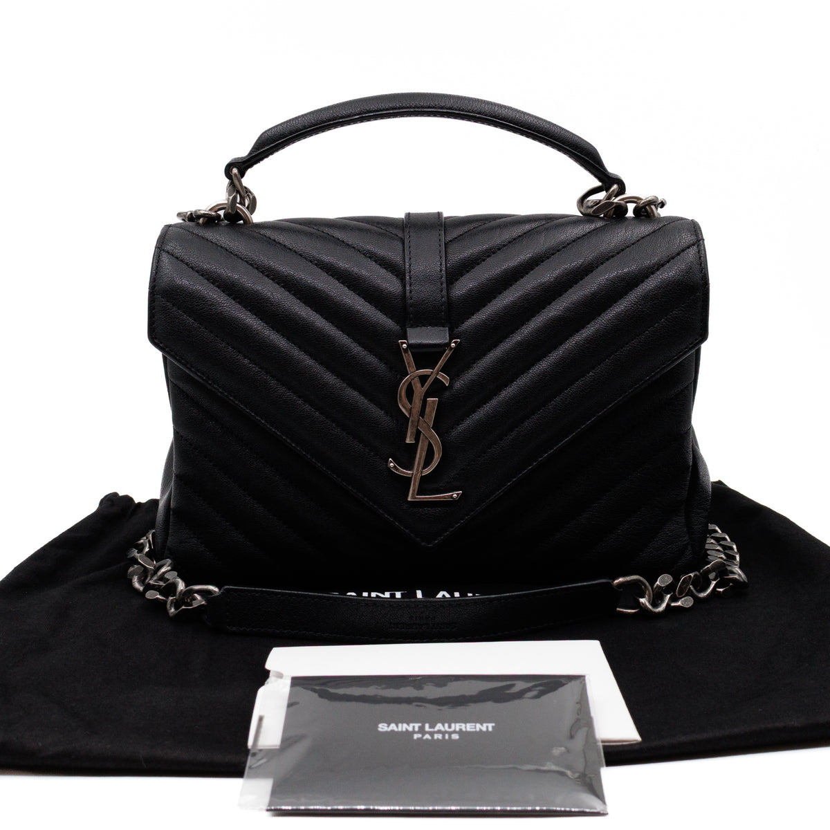 College Medium Chevron Quilted Black Leather