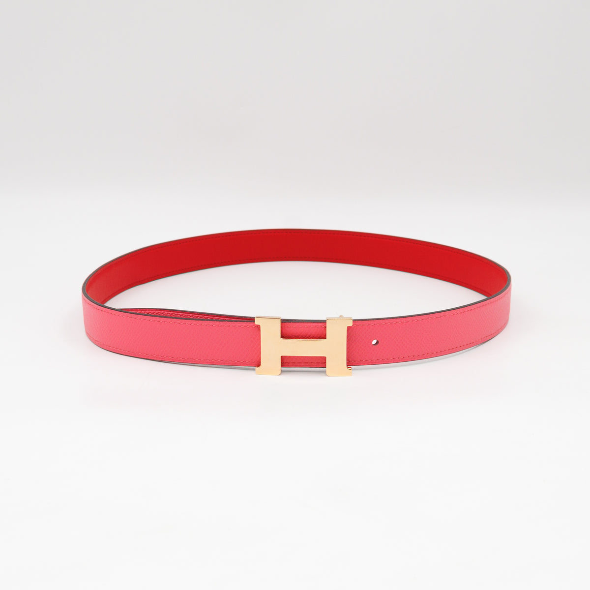 Mini Constance Buckle & Reversible Red and Rose Azalee Leather Belt 75 cm